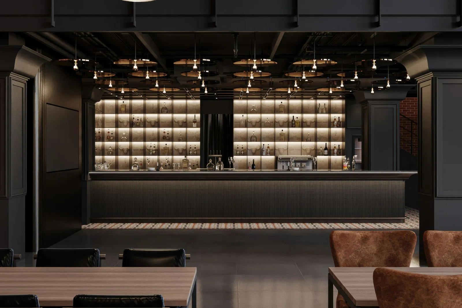 Dark bar lounge with panelled bronze columns, antiqued mirror tile wall and a mosaic tile runner along the counter