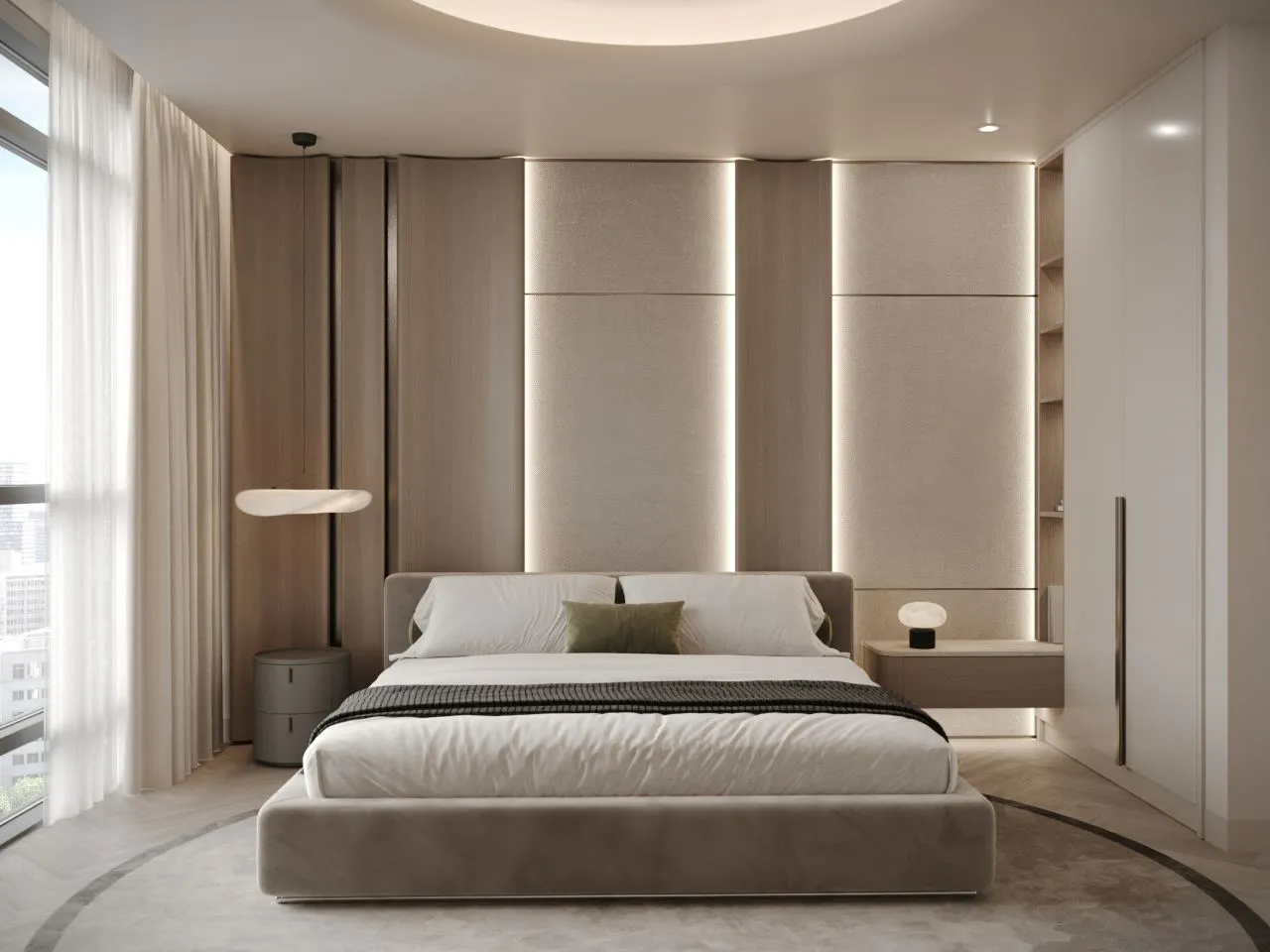 Bedroom with a backlit upholstered headboard wall between oak panels, alabaster pendant, drum nightstand and floating stone shelf