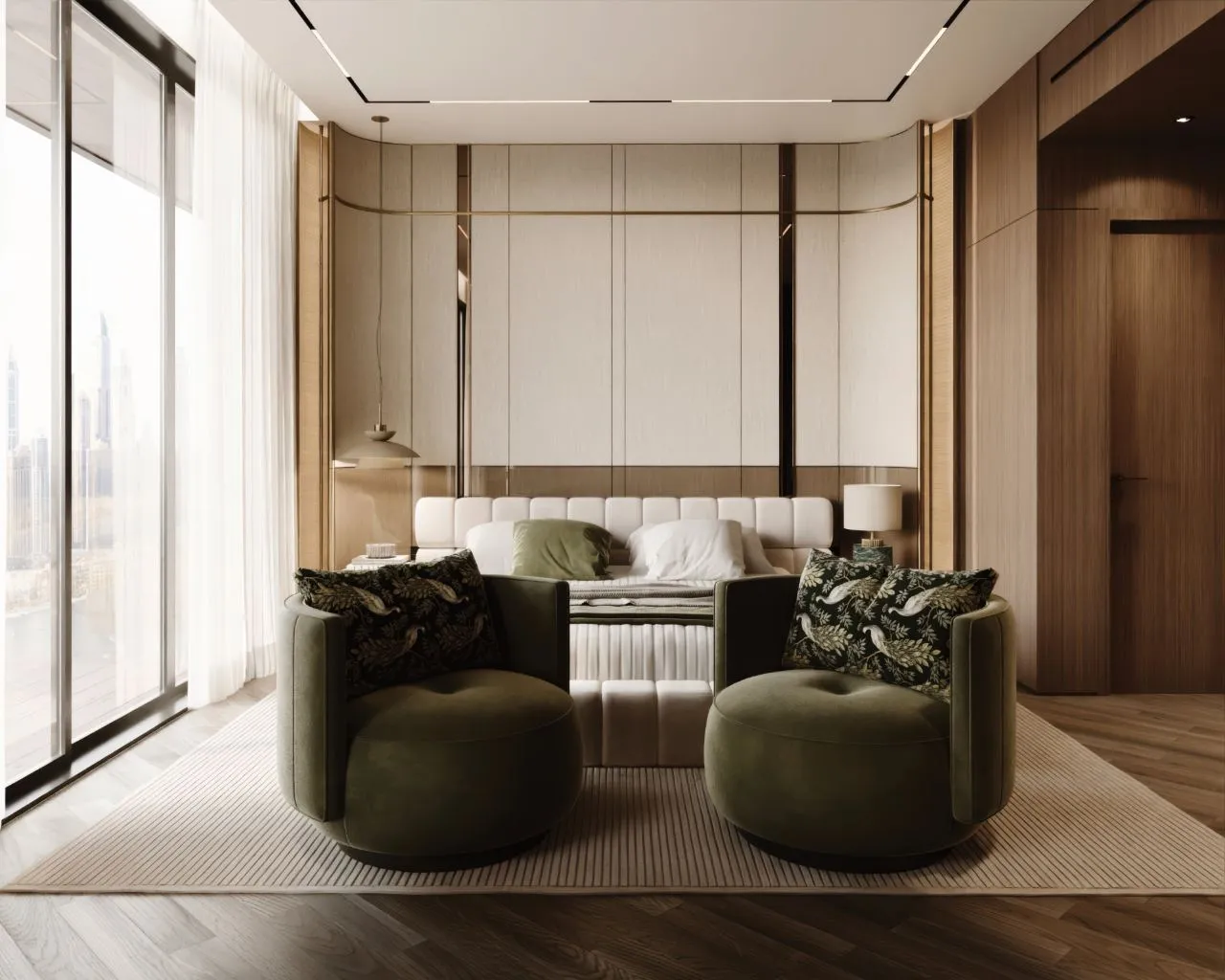 Same bedroom seen with two olive velvet swivel chairs and botanical cushions set on a ribbed rug in front of the bed