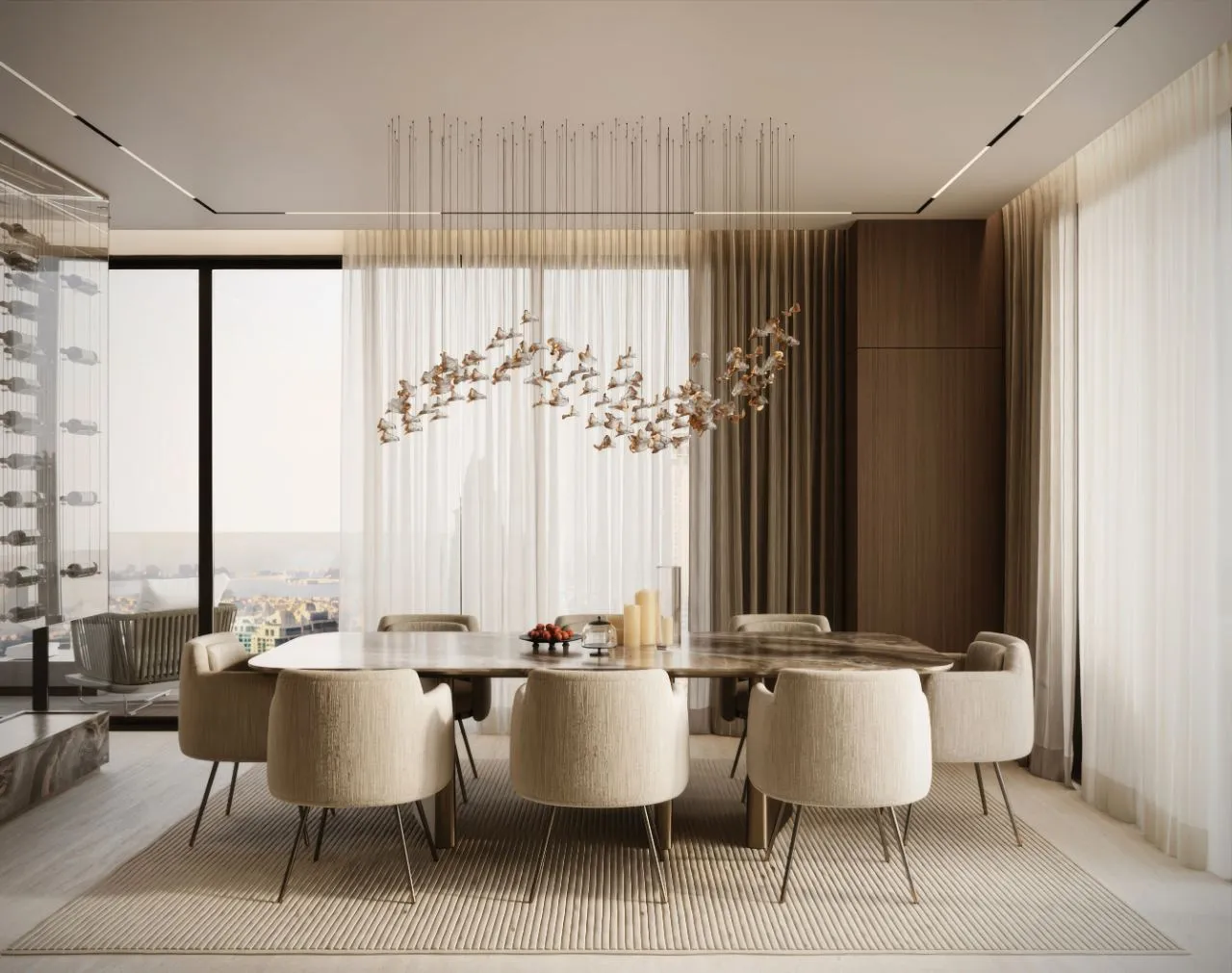 Dining area seen across the open plan with the glass bird chandelier, ribbed wool rug and terrace glazing looking out over the city