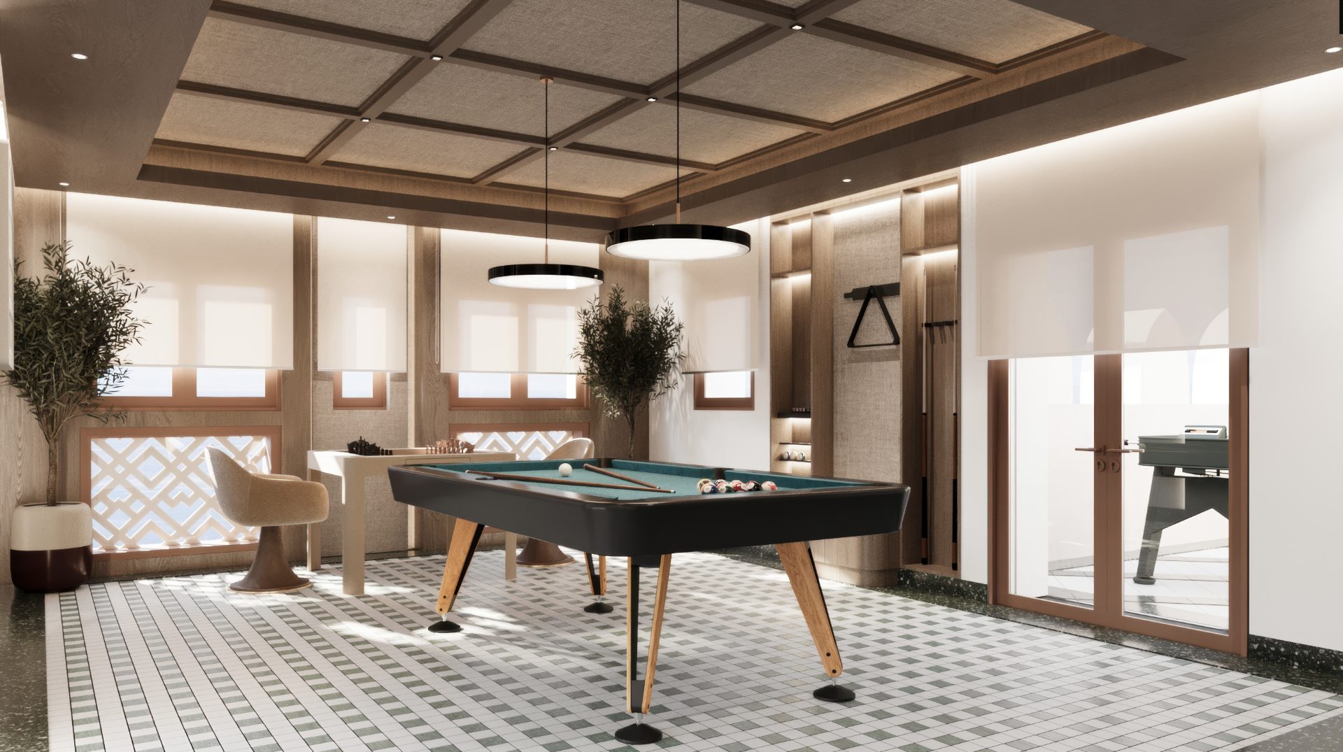 Games room with pool table, chess table, coffered fabric ceiling and mosaic terrazzo floor