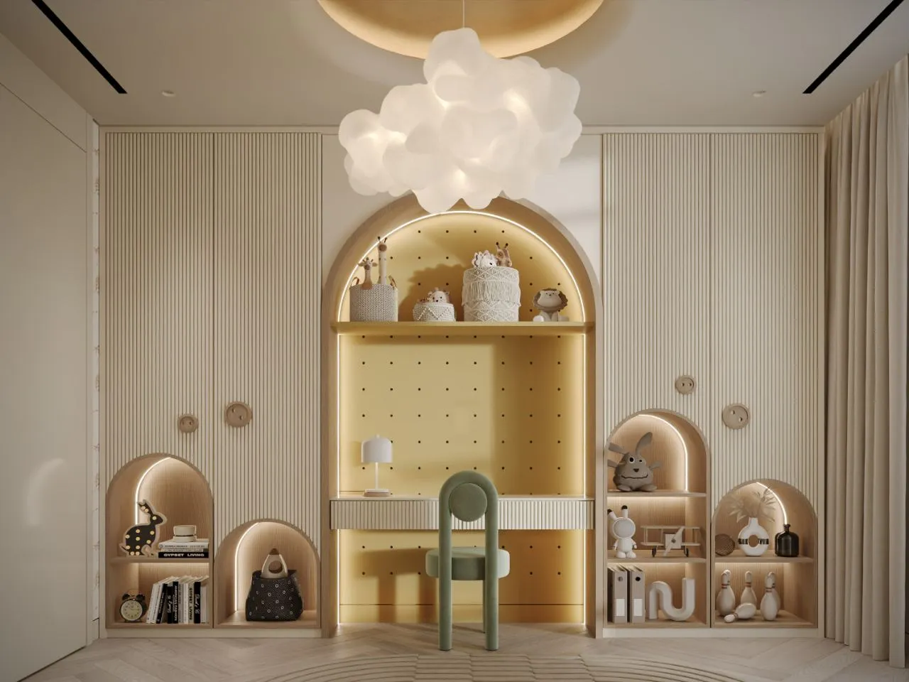 Children's room study wall with an arched ochre pegboard desk niche, lit display arches and fluted wardrobe fronts