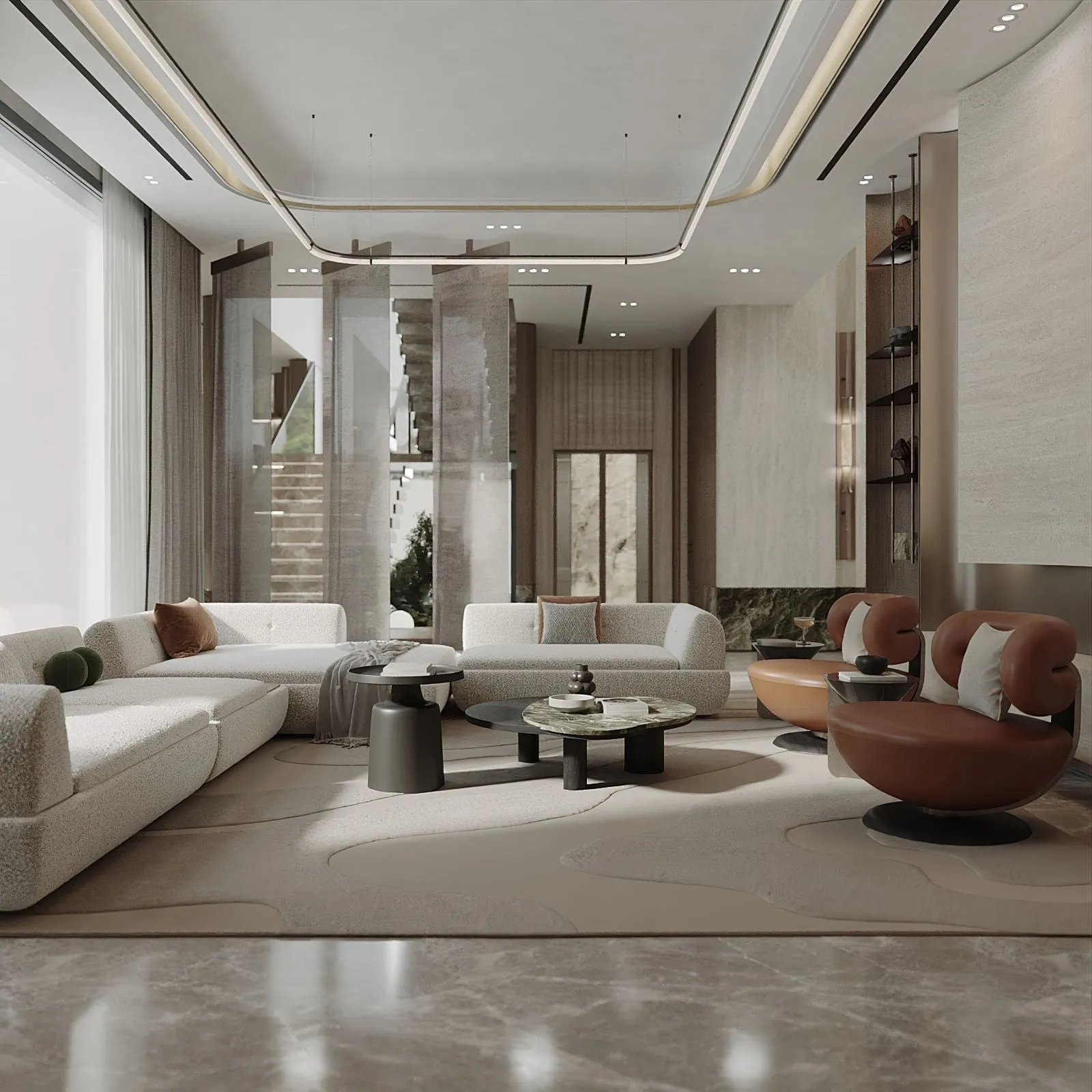 Double-height living room with boucle sofas, cognac leather swivel chairs, a green marble coffee table and a curved cove-lit ceiling ring