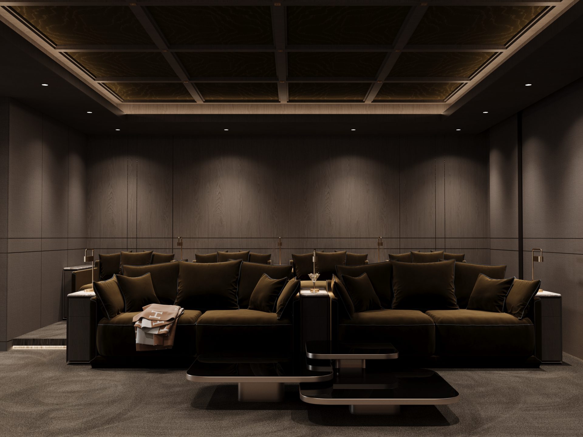 Private cinema with tiered olive velvet sofas, walnut acoustic panelling and a coffered onyx-lit ceiling