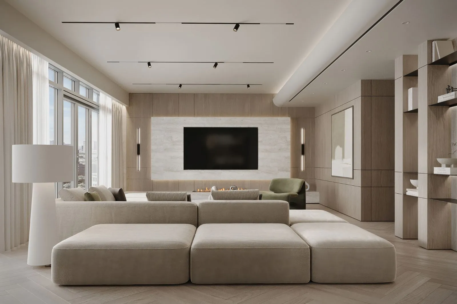 Living room of two combined apartments at Panorama, The Greens, a travertine media wall with a linear fire, oak panelling, modular sand sofa and herringbone floor