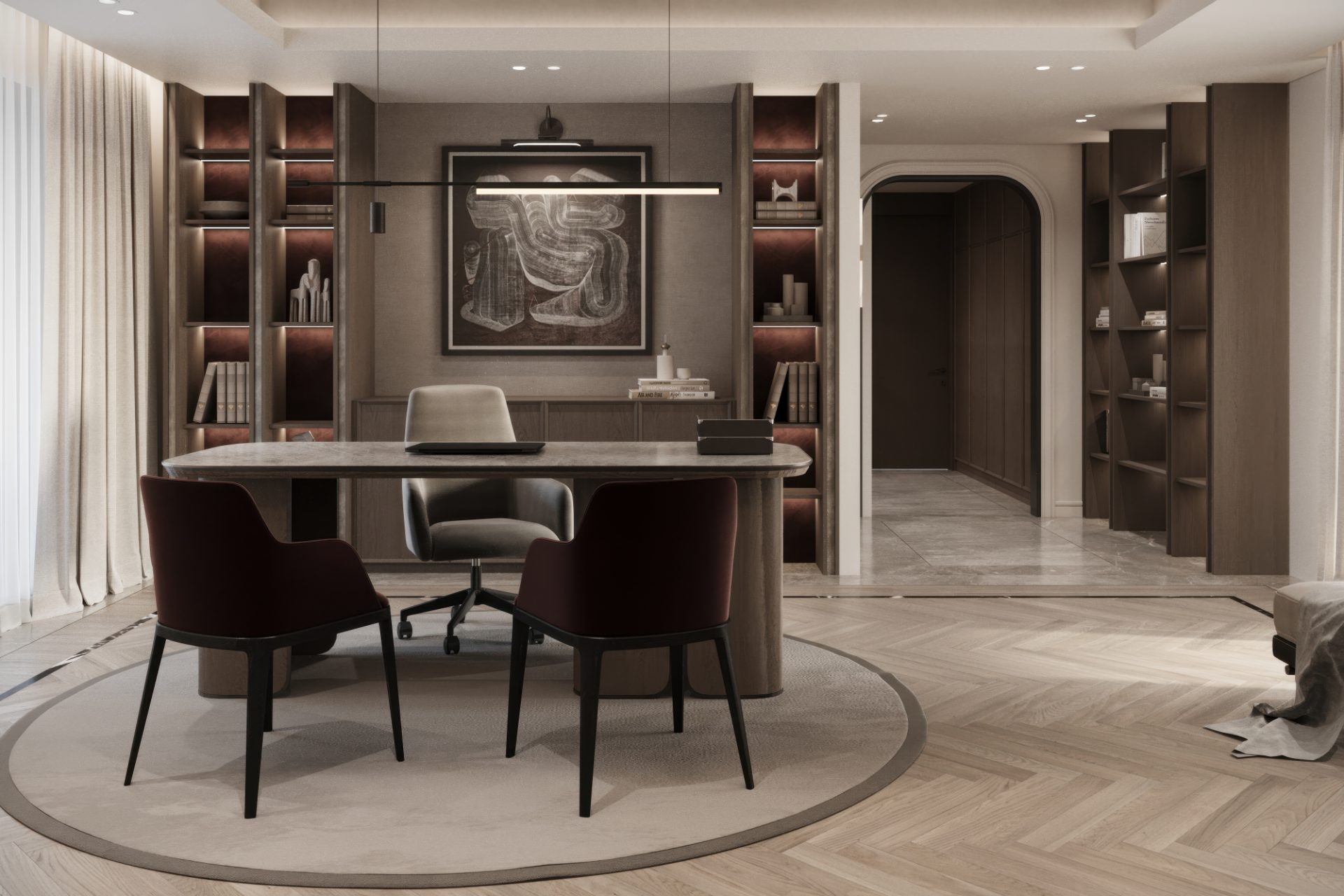 Penthouse study with stone desk, oxblood leather-lined library shelving and a linear pendant