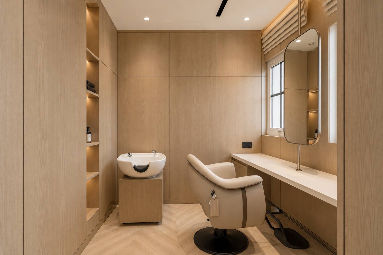 Private beauty room fitted in rift oak with wash basin, mirror and vanity ledge
