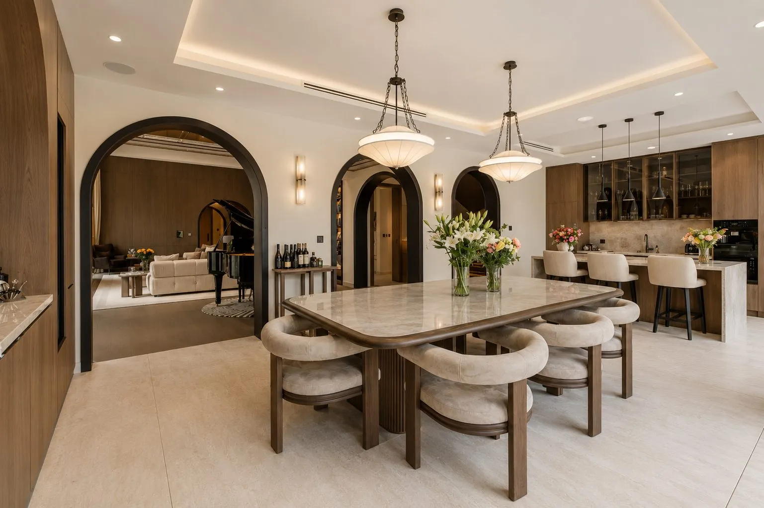 Formal dining hall with alabaster pendants