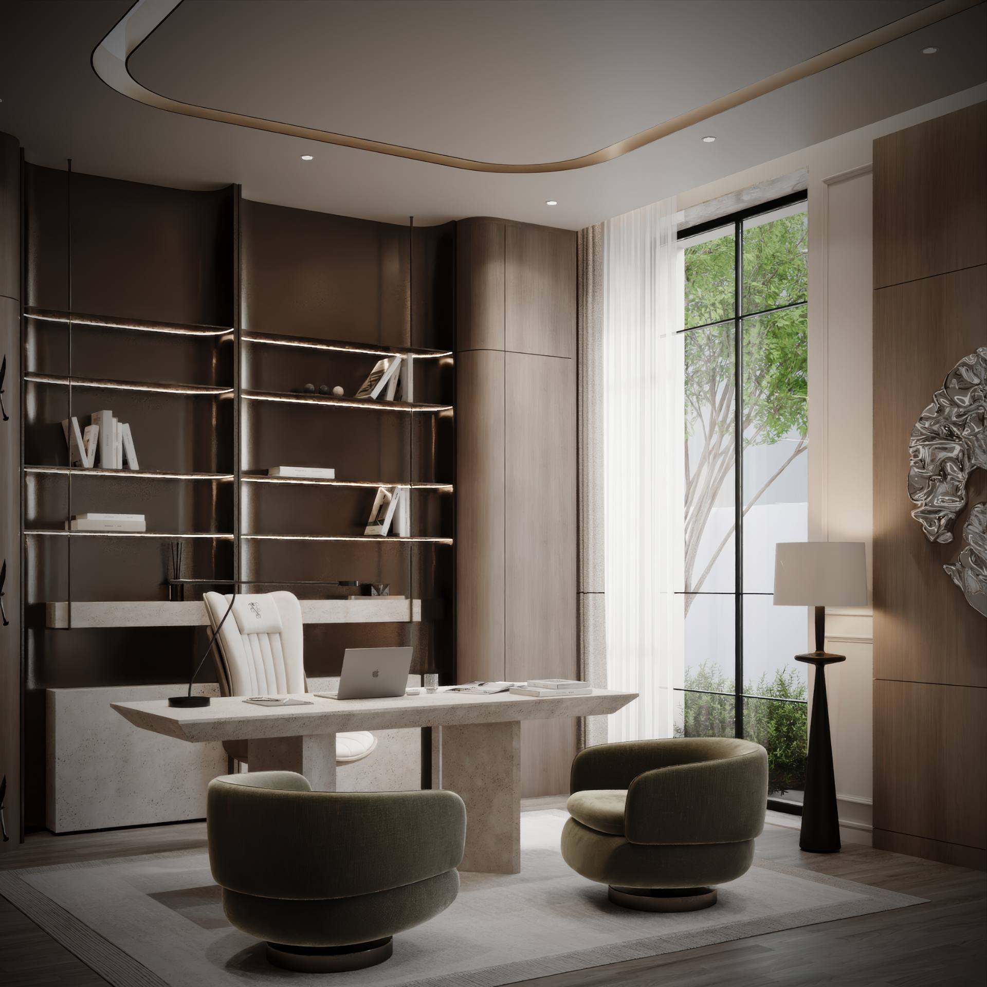 Study with bronze lit shelving, travertine desk and olive swivel chairs