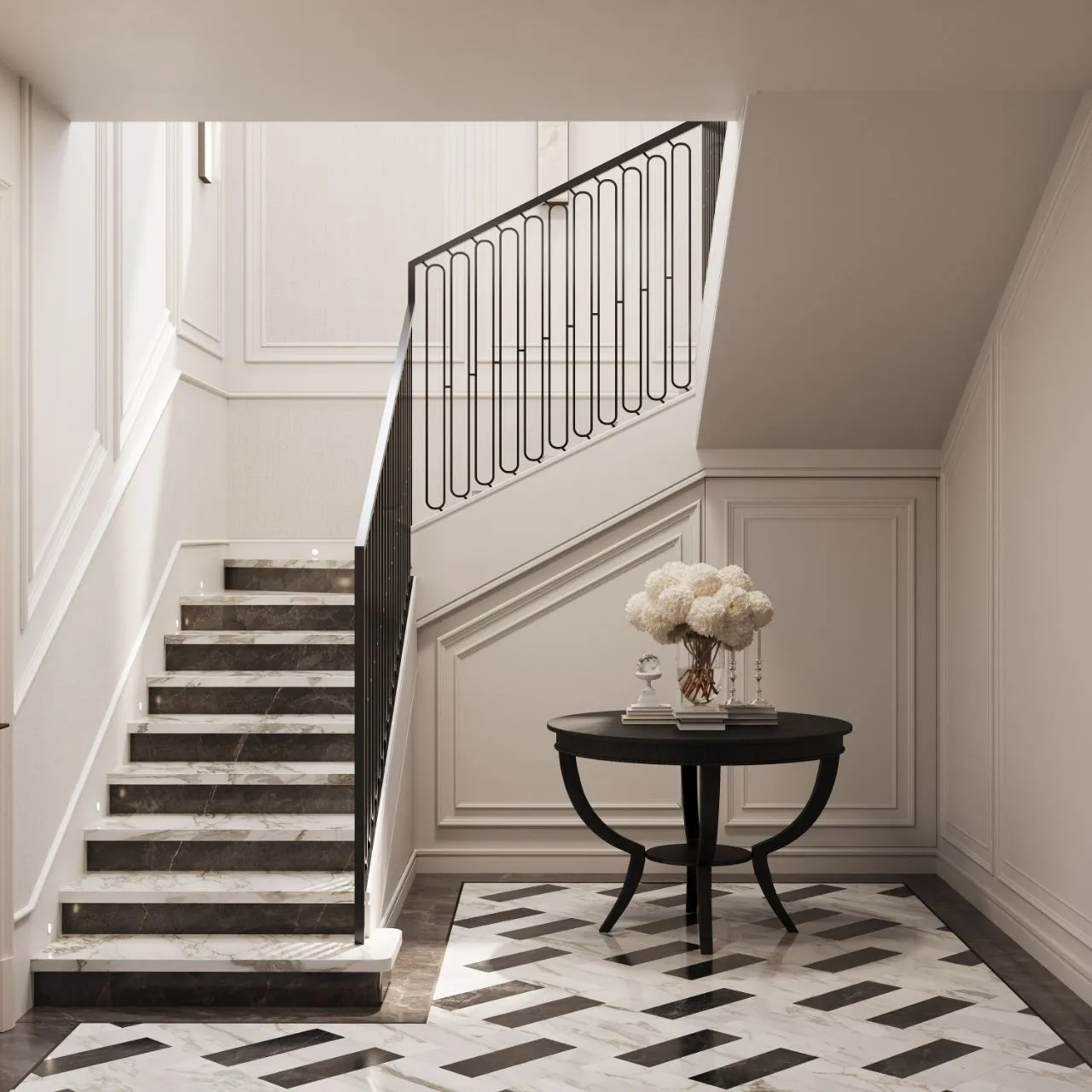 Staircase with marble treads, an arched black metal balustrade and a black and white chevron marble floor