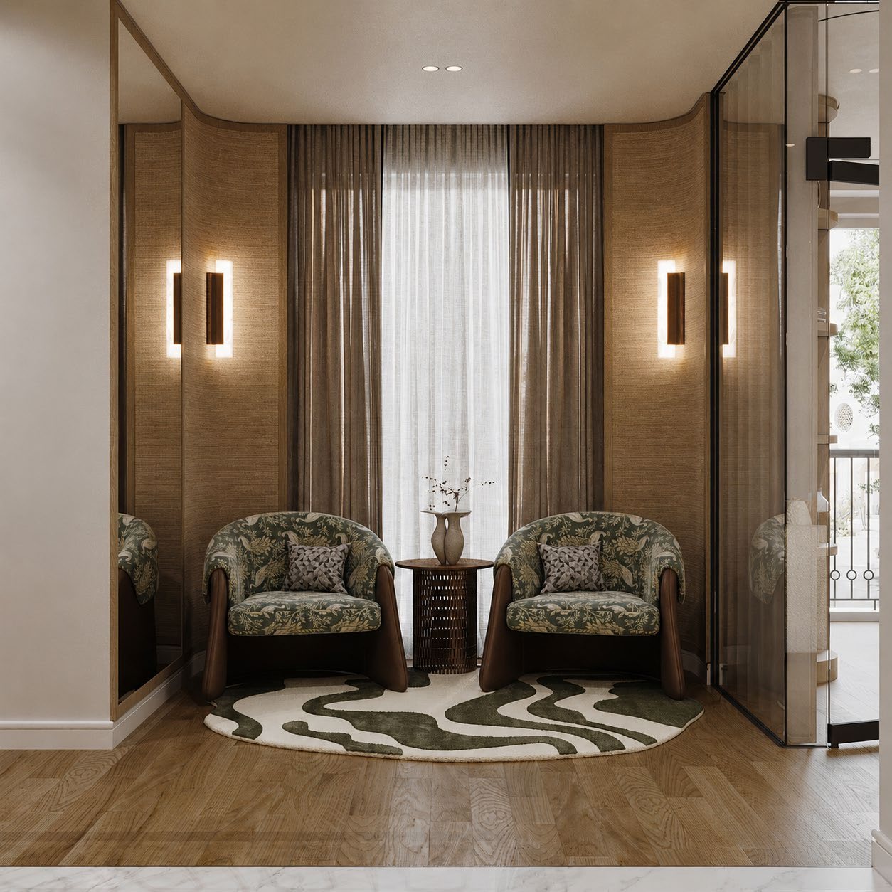 Villa staircase and first-floor lobby with patterned marble inlay flooring, a cascading glass chandelier and a planted stair void