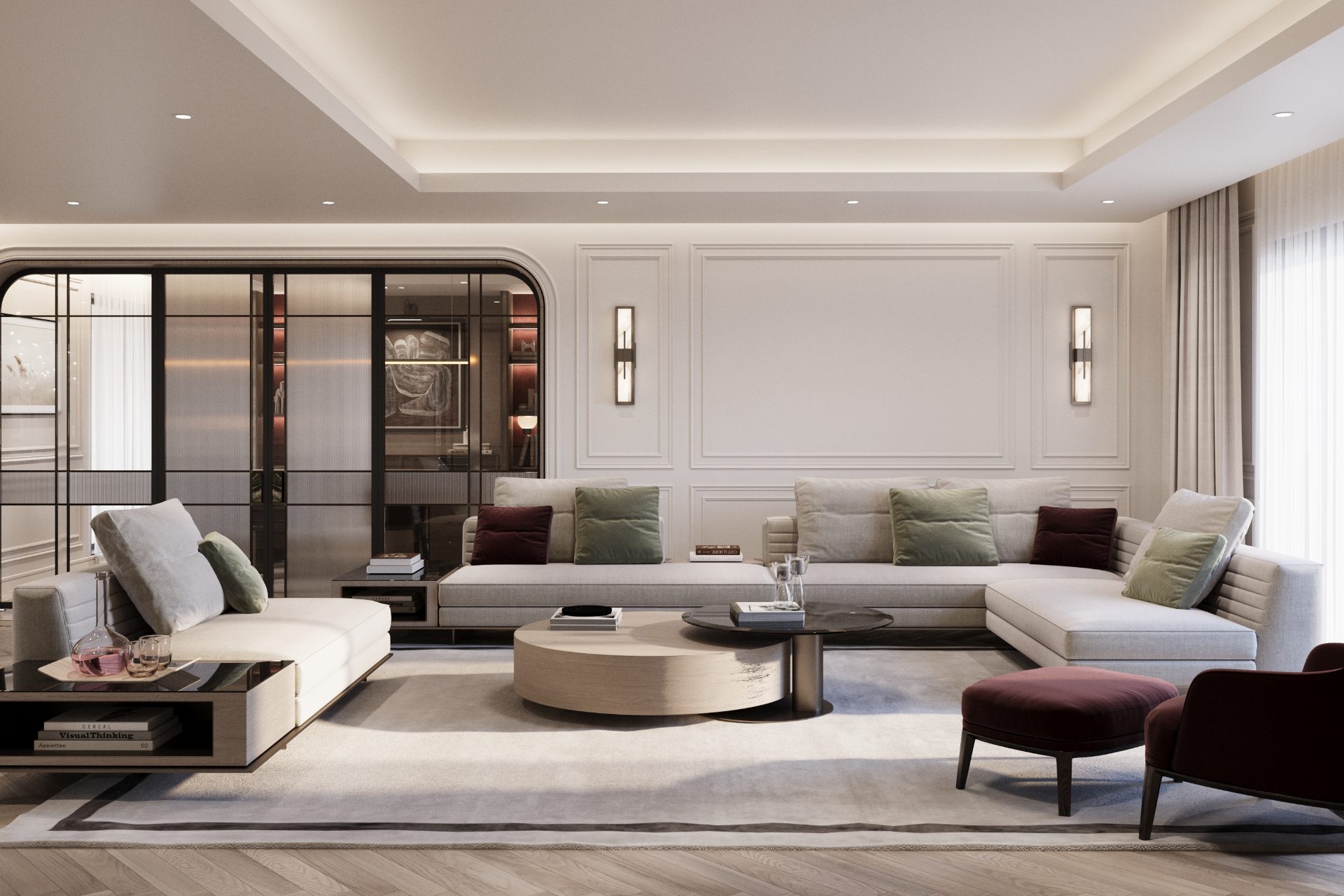 Penthouse living room at Balqis Residence, Palm Jumeirah, with panelled walls, linear sconces and a pale sectional sofa