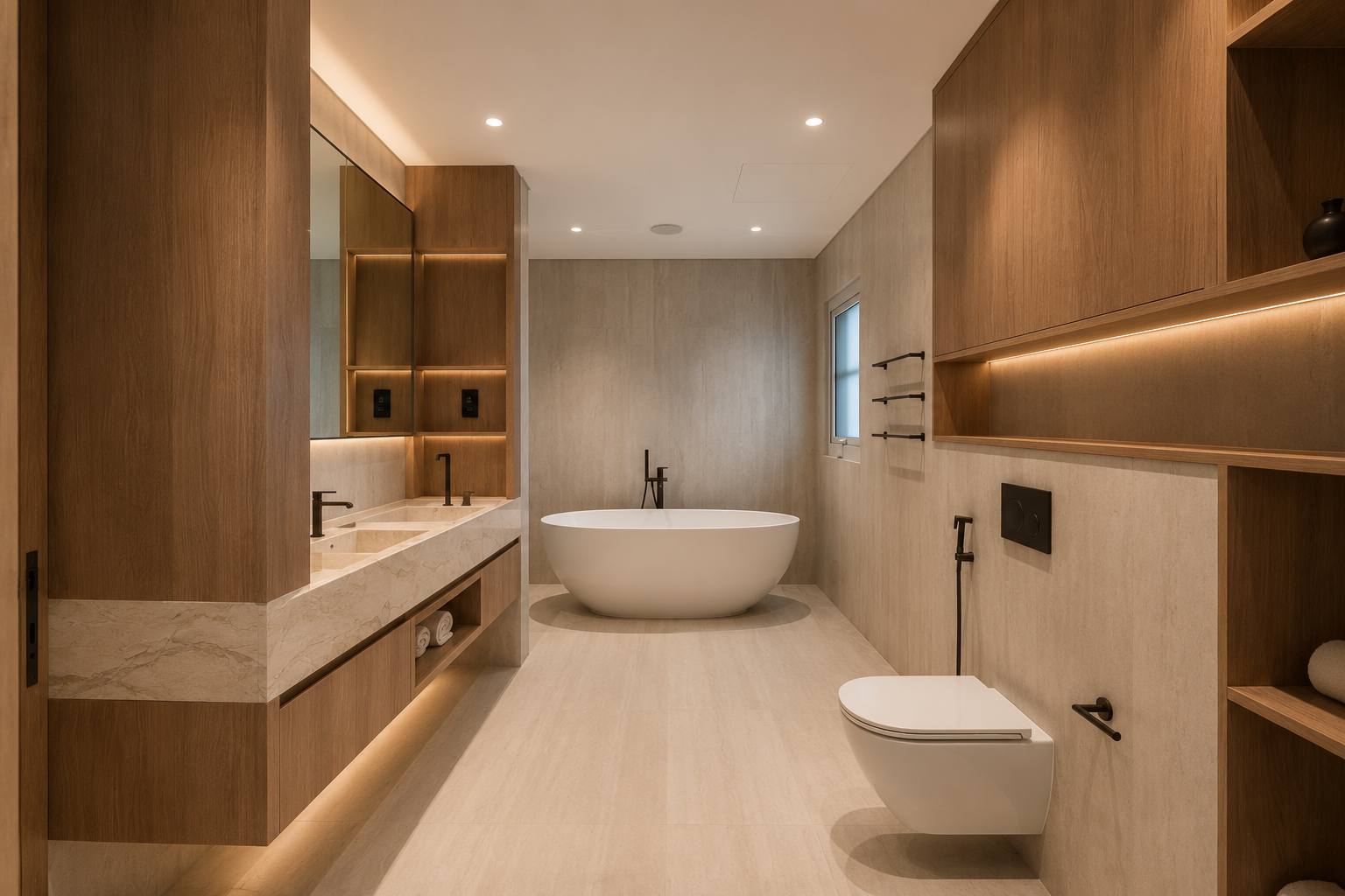 Bathroom in travertine and oak with a freestanding tub and stone vanity