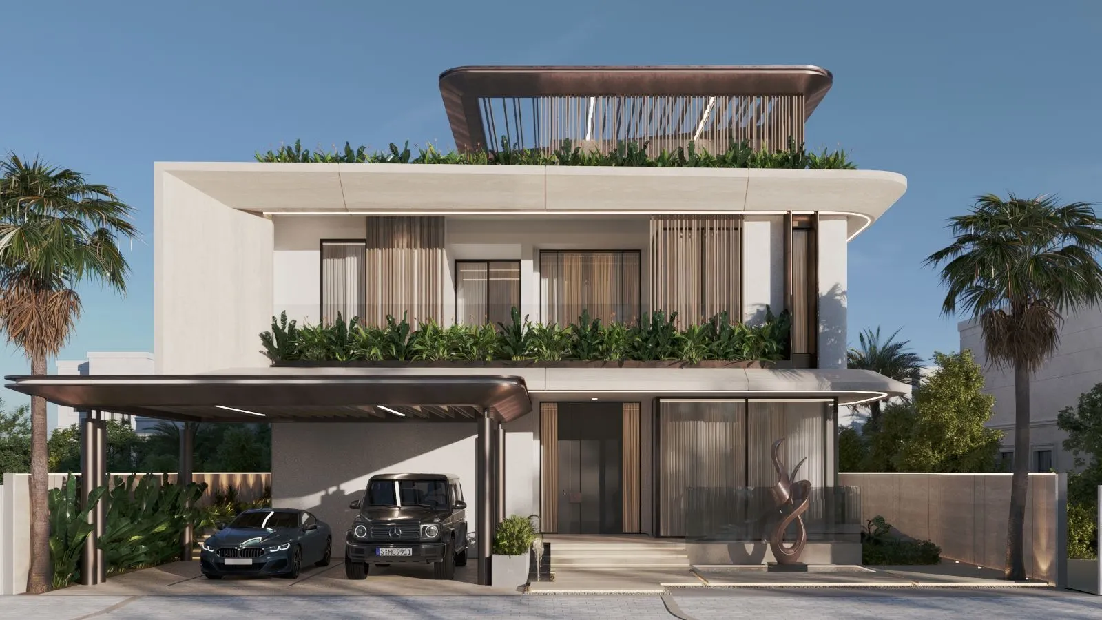Front elevation of La Mer Villa in Dubai, travertine slabs with rounded corners, timber screens, planted terrace edges, a bronze carport and a rooftop pergola