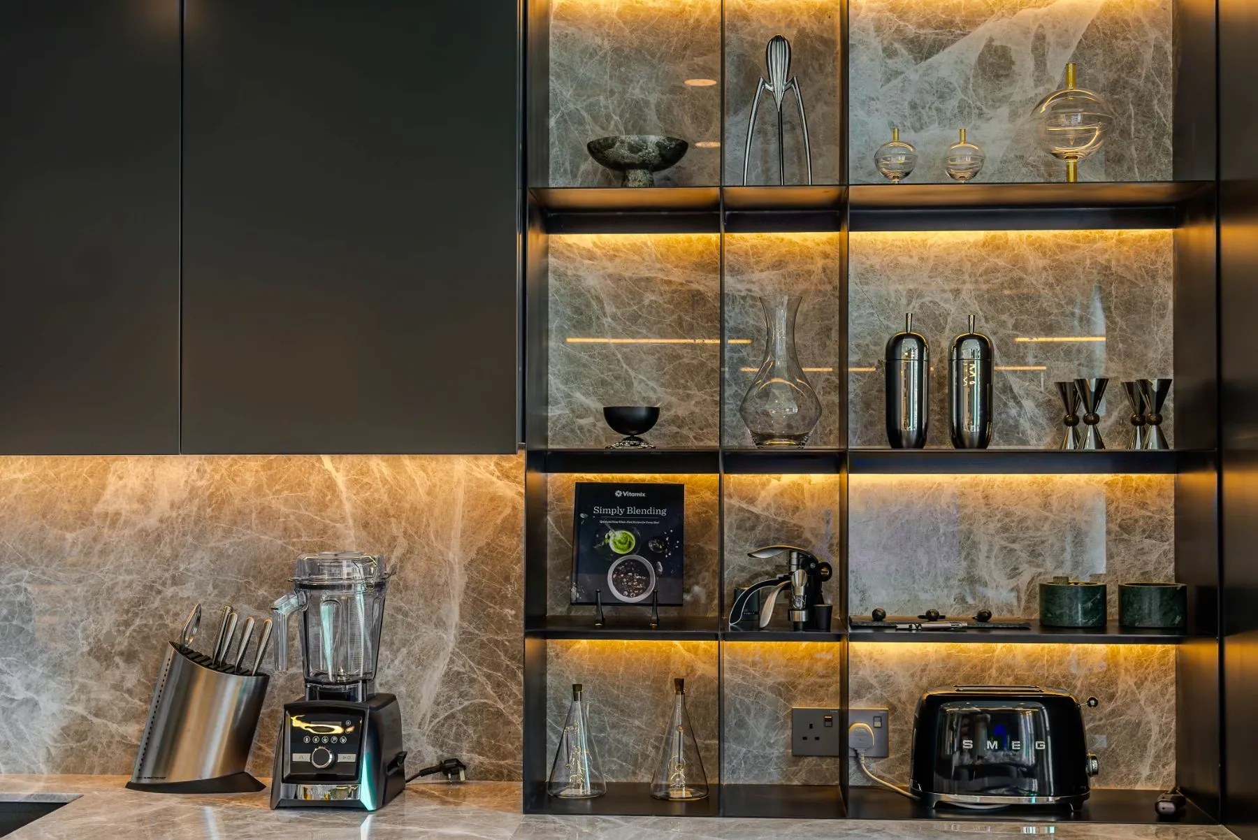 Backlit marble kitchen shelving