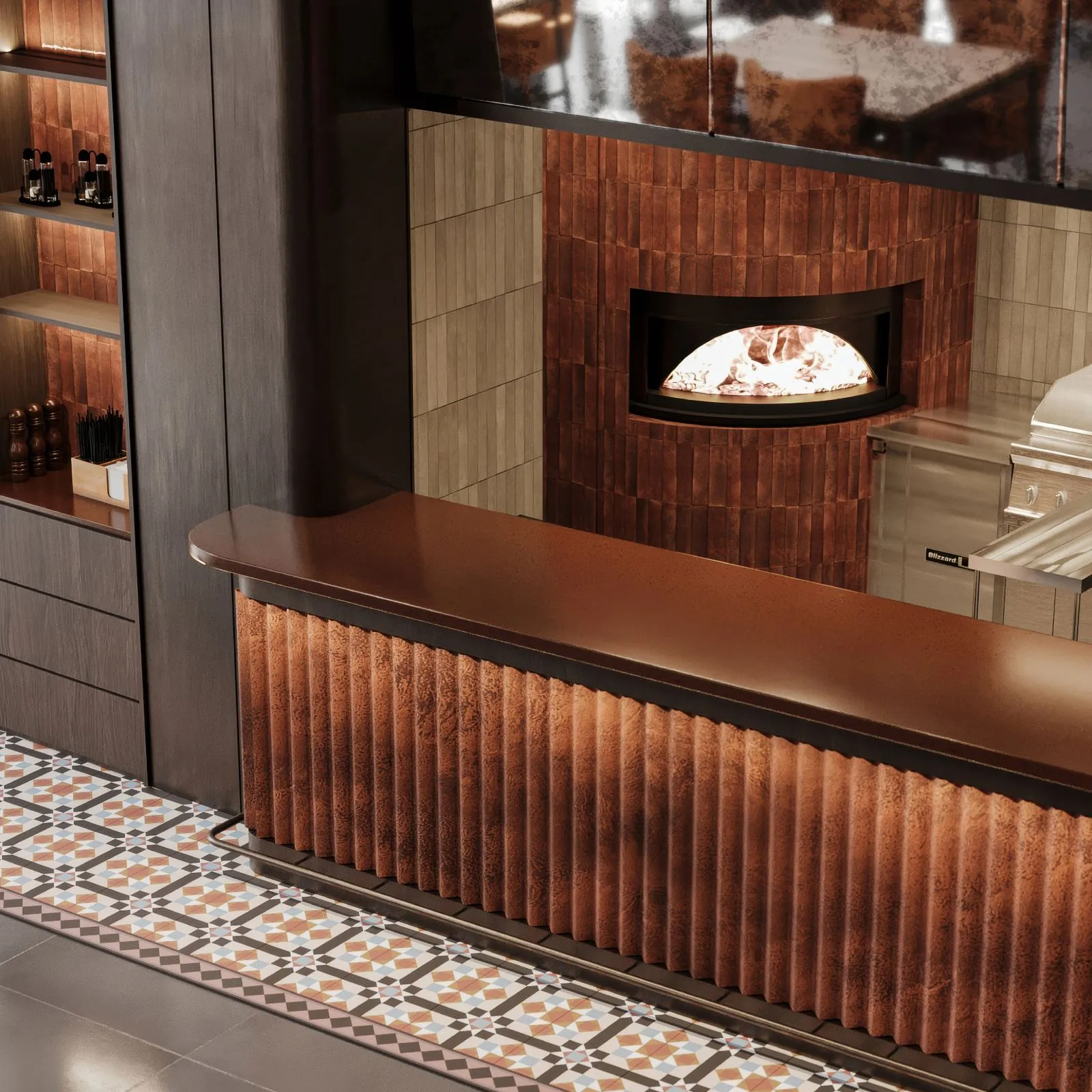 Open kitchen elevation with fluted copper counter, wood-fired oven glowing behind glass and lit condiment shelving