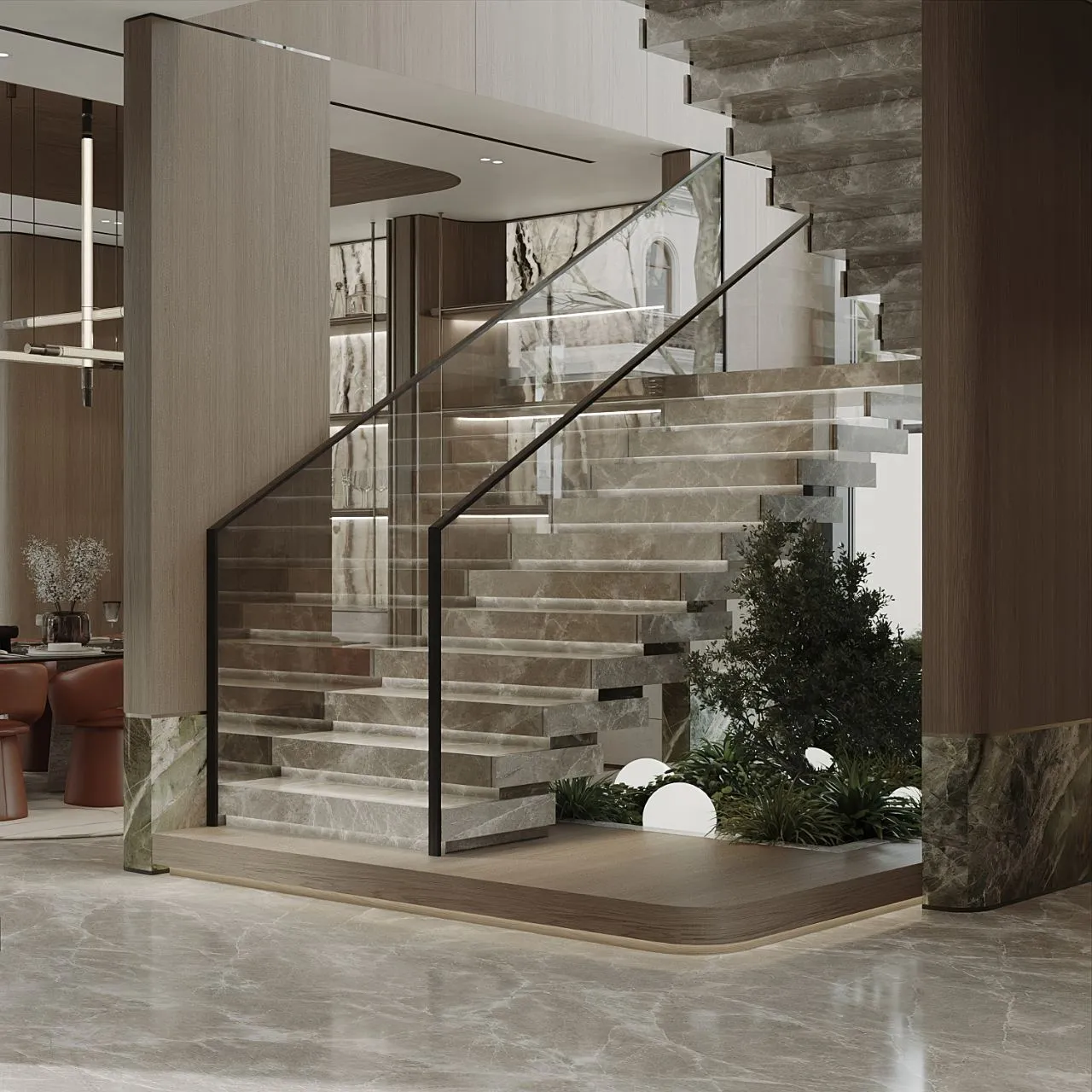 Floating marble staircase with cantilevered treads, frameless glass balustrade, lit stone risers and a planted bed with globe lights beneath