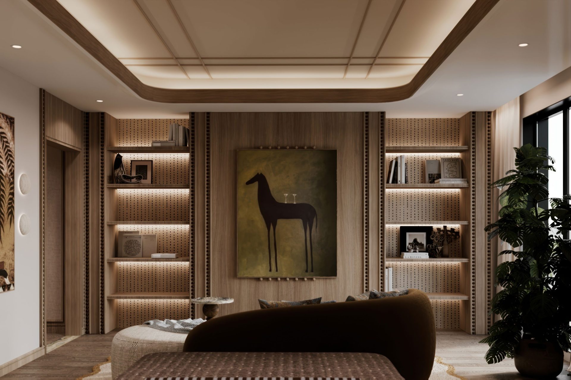 Master bedroom lounge with a lit oak display wall, curved brown sofa and a coffered timber-trimmed ceiling