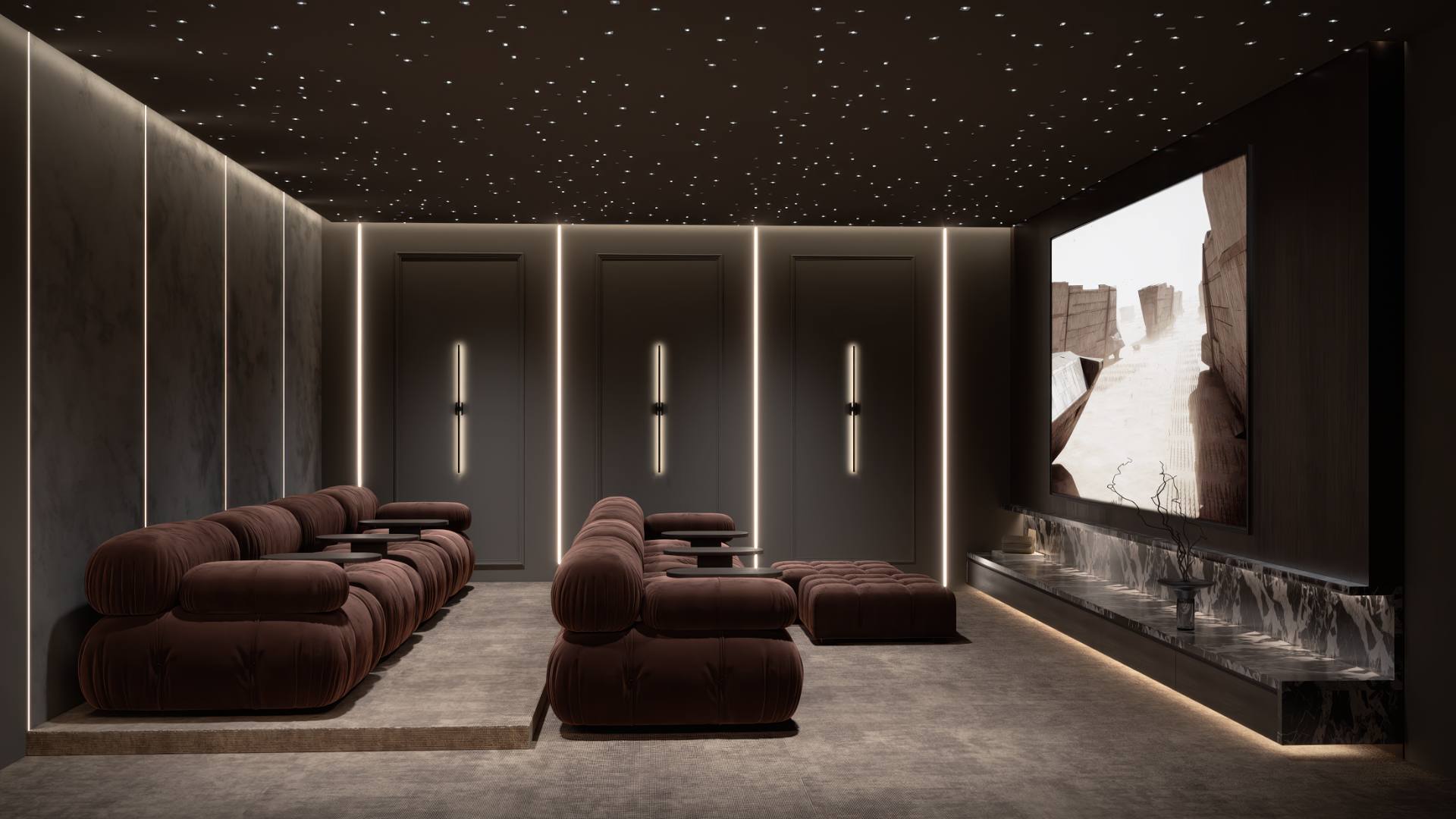 Private cinema with tiered oxblood velvet seating, fibre-optic star ceiling and marble console