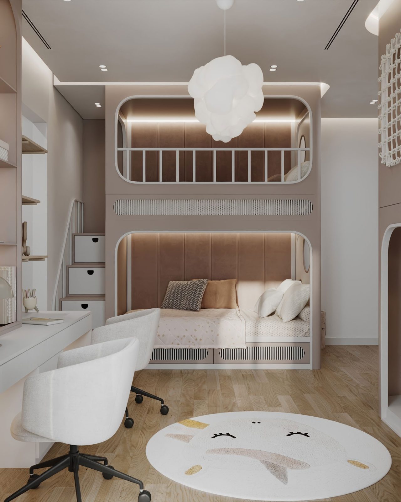 Children's bedroom with bespoke stacked bunk beds, upholstered headboards, a drawer stair and a shared study desk