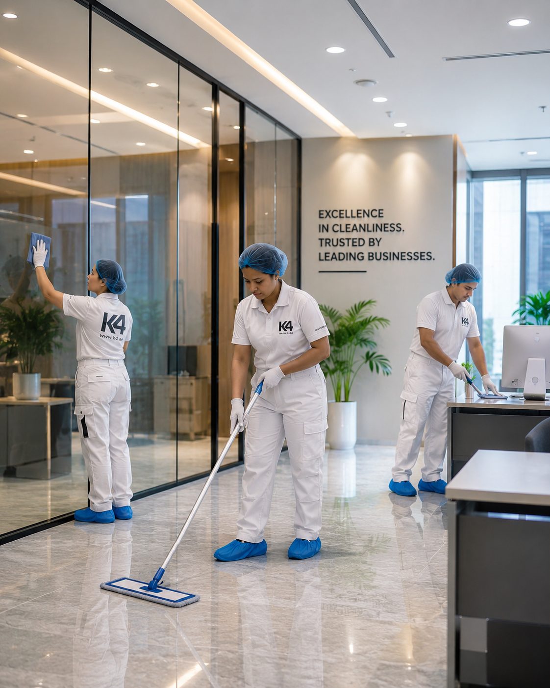 K4 commercial cleaning crew mopping and detailing a corporate office lobby in Dubai