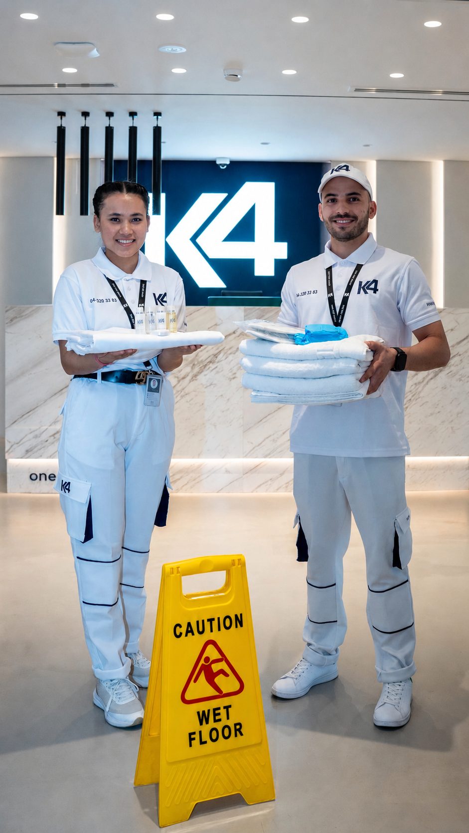 K4 cleaning team presenting fresh towels and amenities for a customized cleaning programme in Dubai