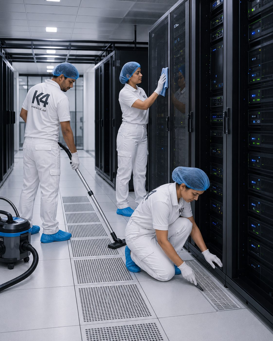 K4 technicians cleaning server racks in an active data center