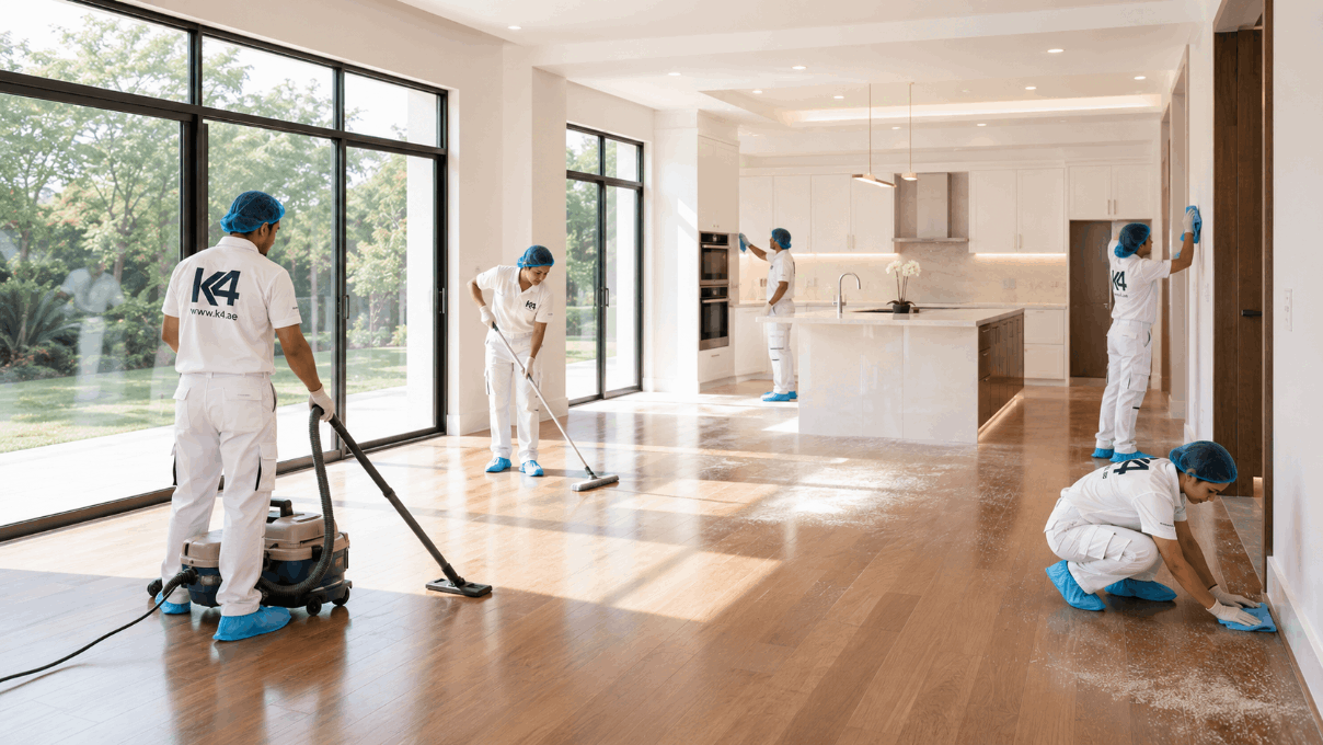 K4 crew performing a post-construction clean-down on a freshly finished Dubai home