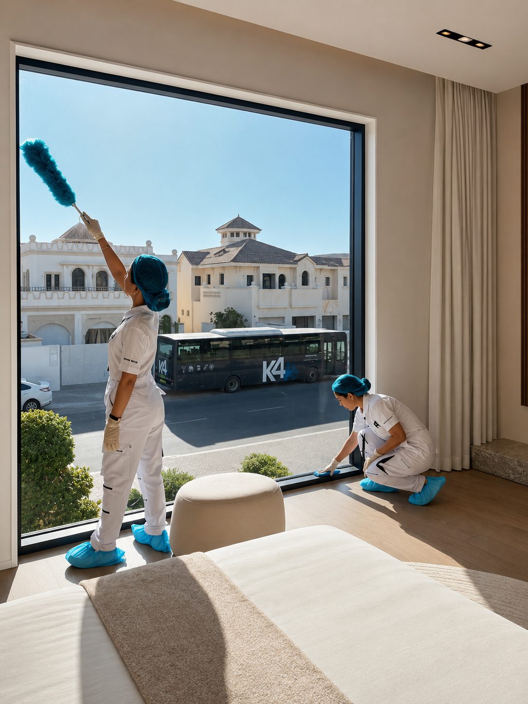 K4 Cleaning crew dusting and detailing a Dubai villa