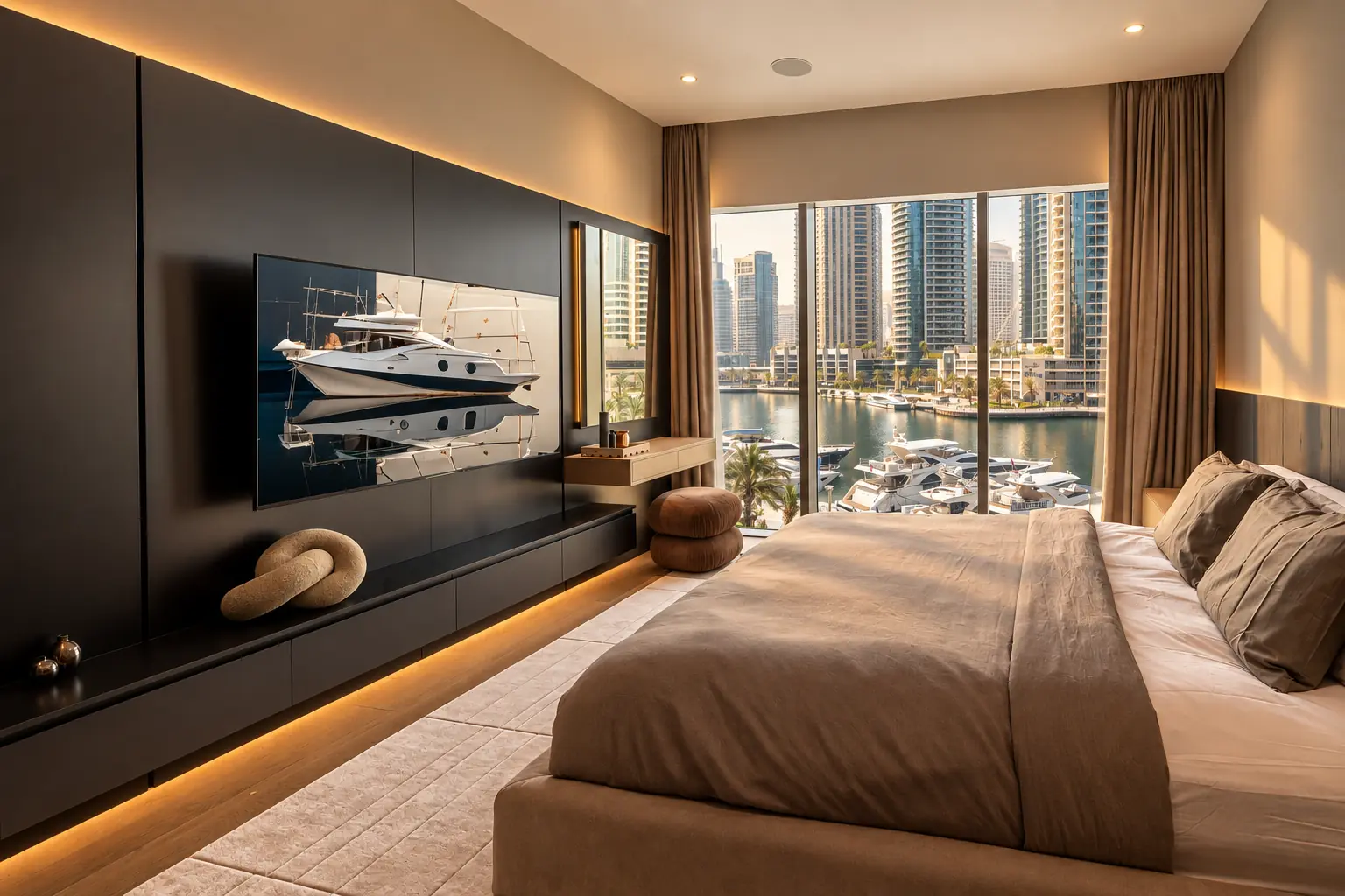 Guest bedroom with a black panelled media wall lit along its base, floating vanity and a window onto the marina