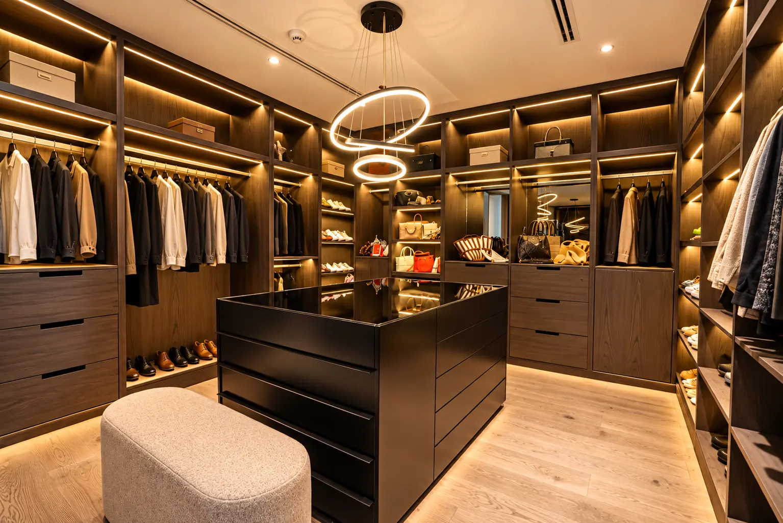 Walk-in wardrobe in smoked oak with lit shelving, hanging rails, a black glass-topped island and ring pendant light