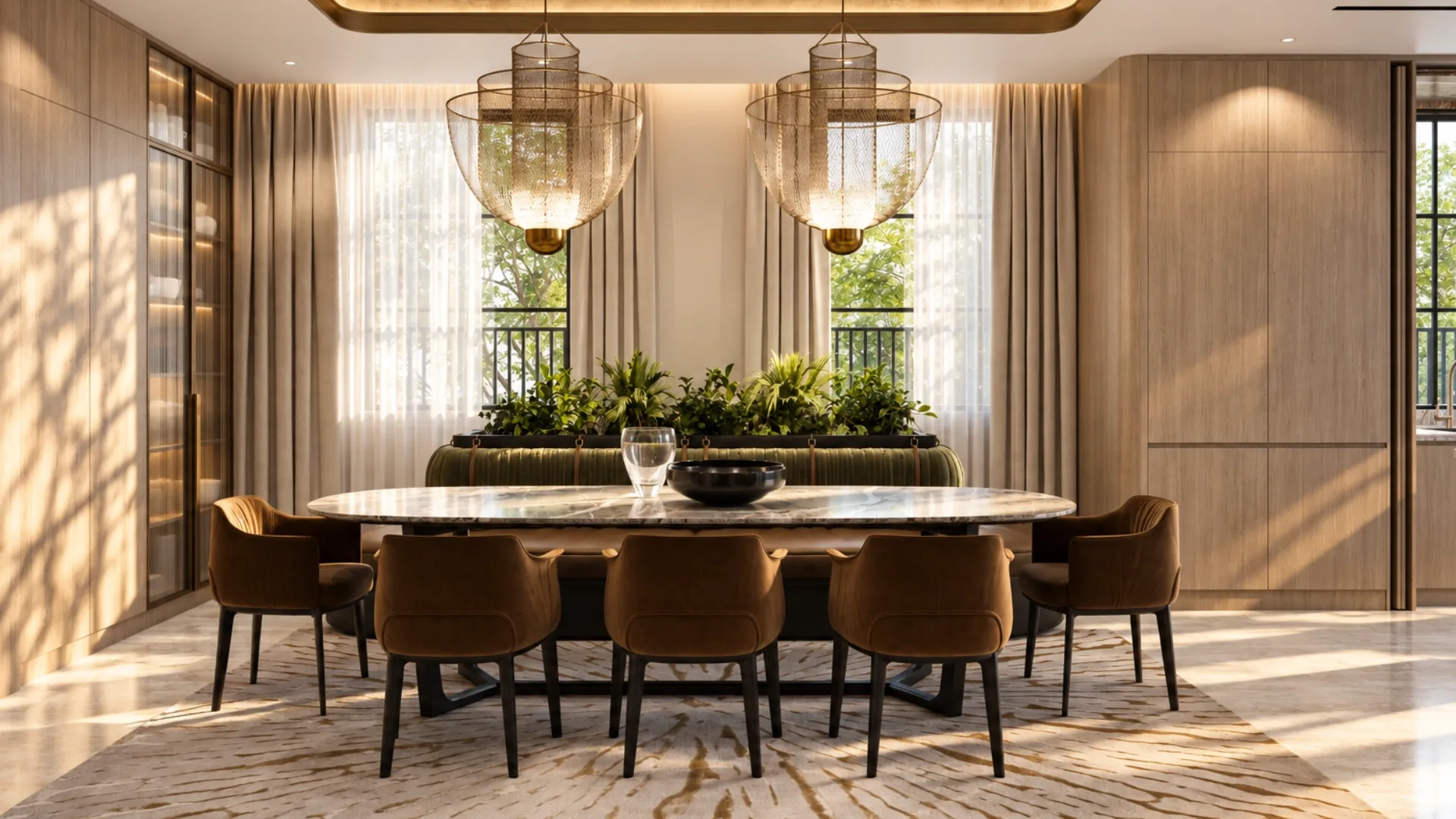 Dining room with marble table, cognac chairs and woven brass pendants