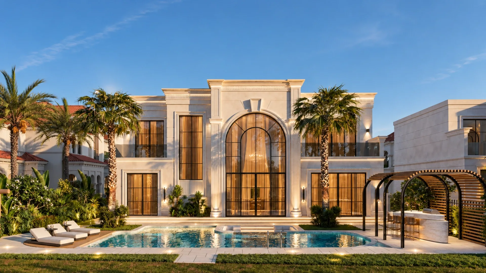 Renovated classical facade of Villa Aurelia with arched glazing, pool and pergola, Jumeirah Islands