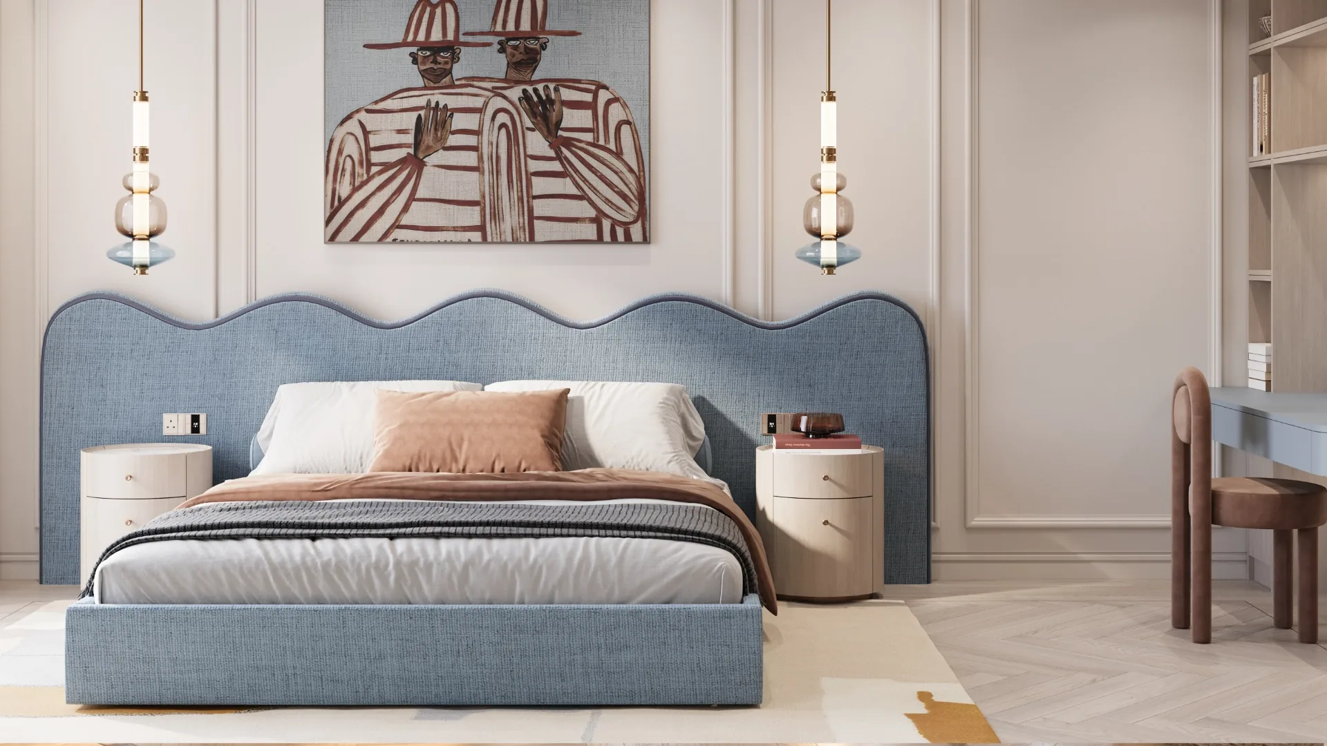 Guest bedroom with scalloped blue headboard, classical panelling and glass pendants