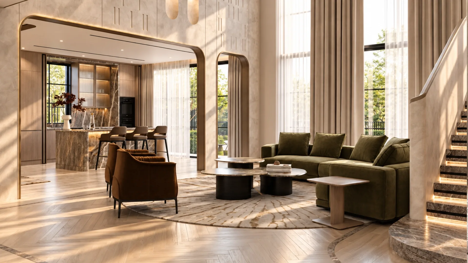 Family lounge opening through bronze arches to a marble kitchen island