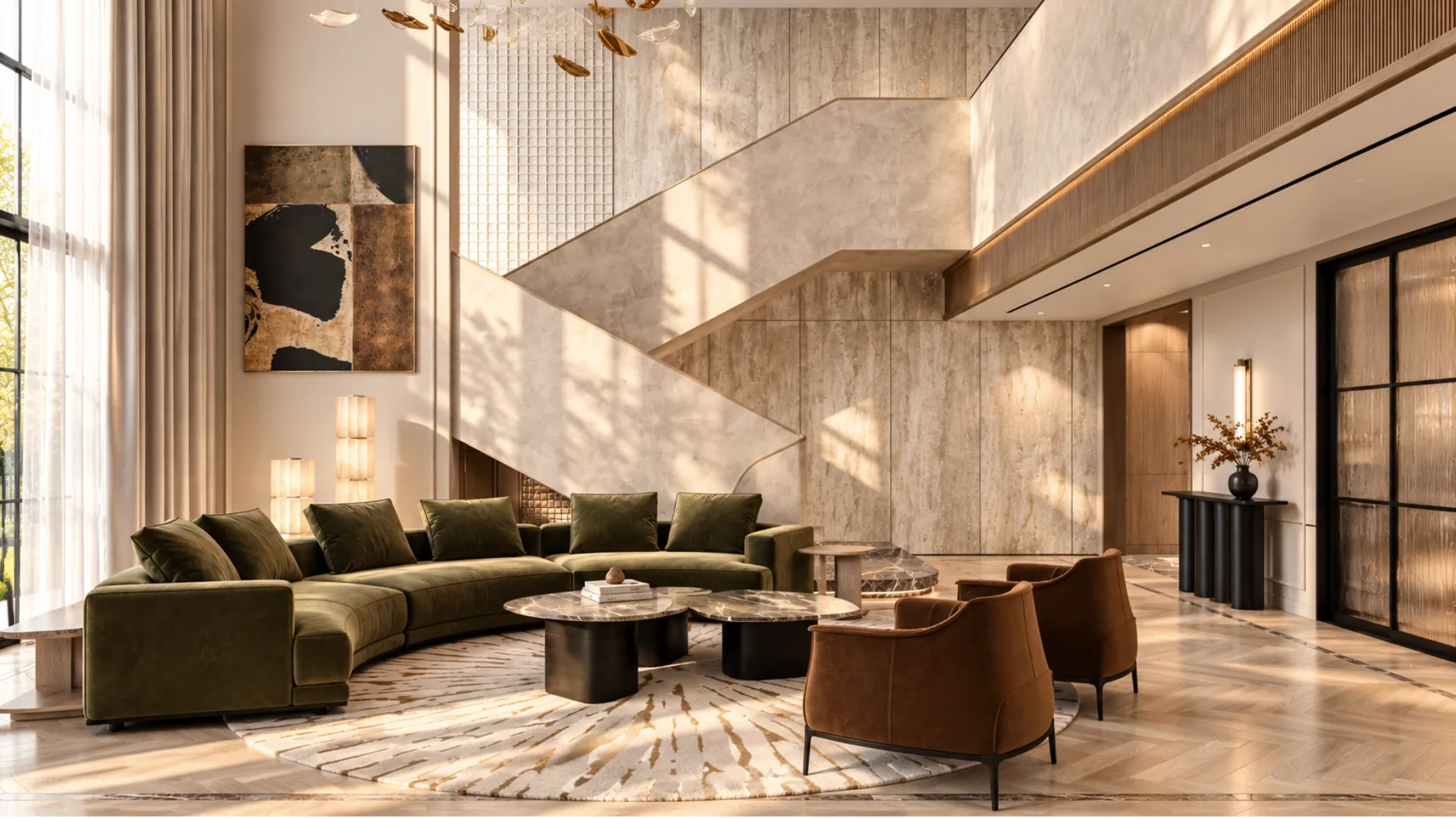 Double-height lounge with curved olive velvet sofa, travertine stair and bronze chandelier