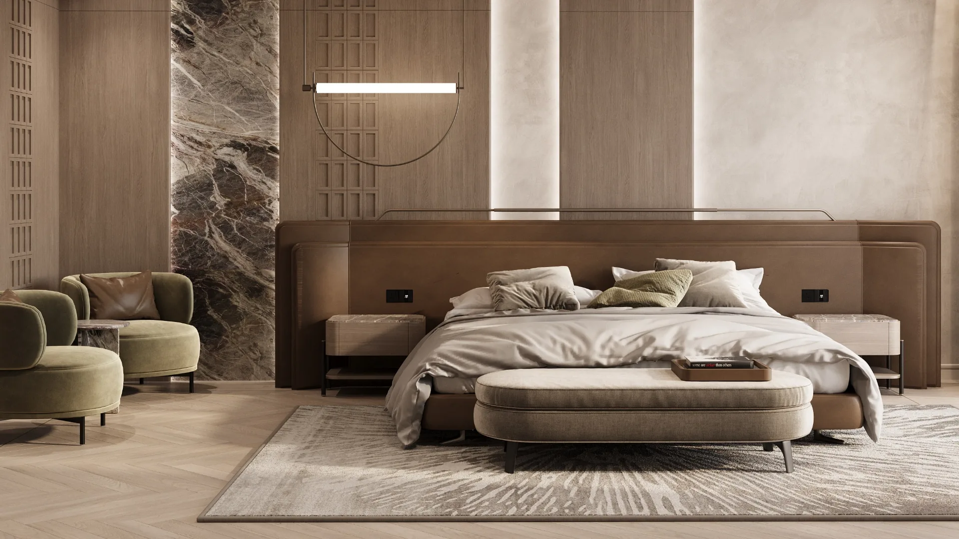 Master bedroom with leather headboard wall, oak panelling and backlit marble