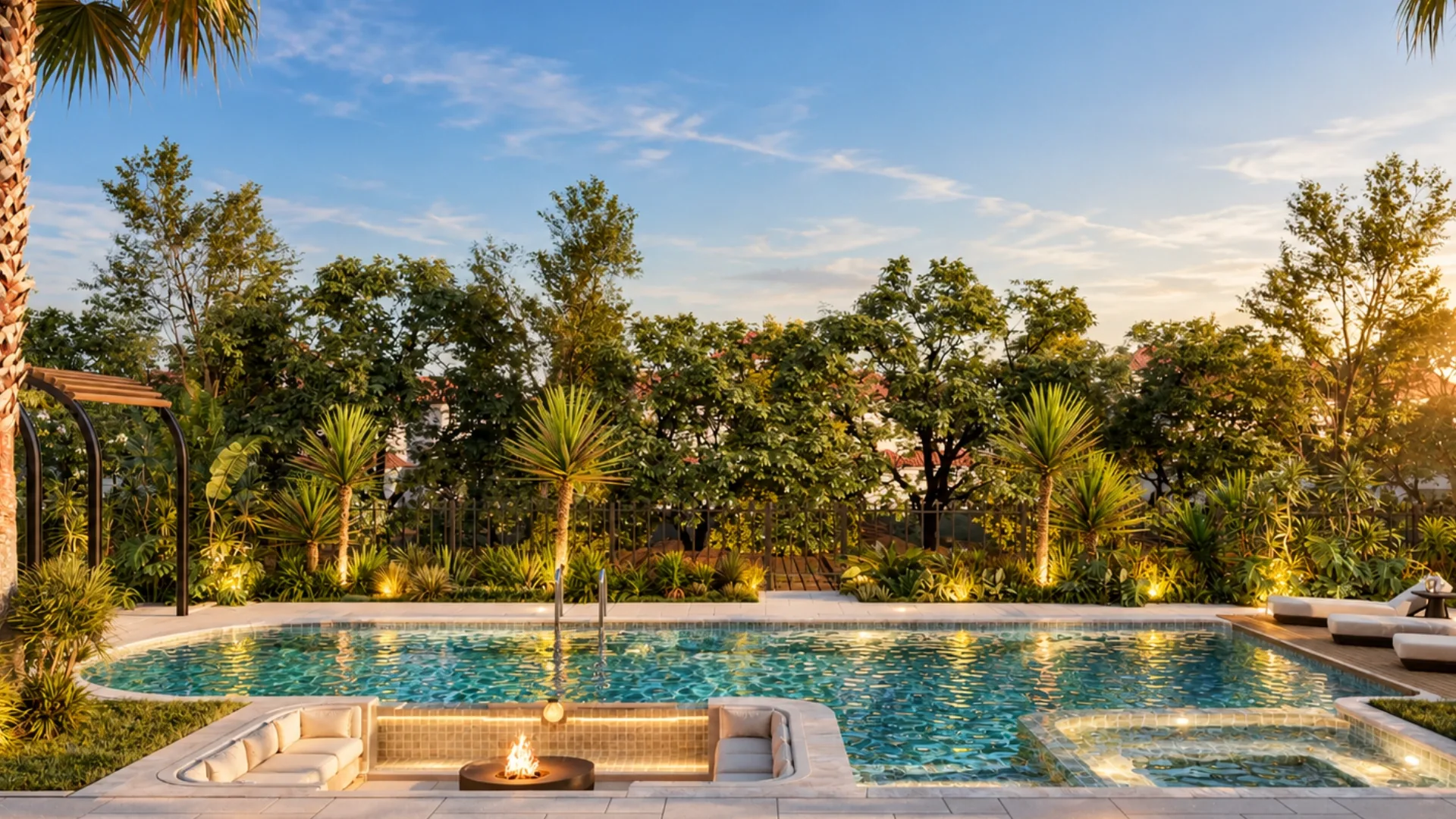 Lit pool with a sunken fire-pit lounge, spa pool and tropical planting at sunset