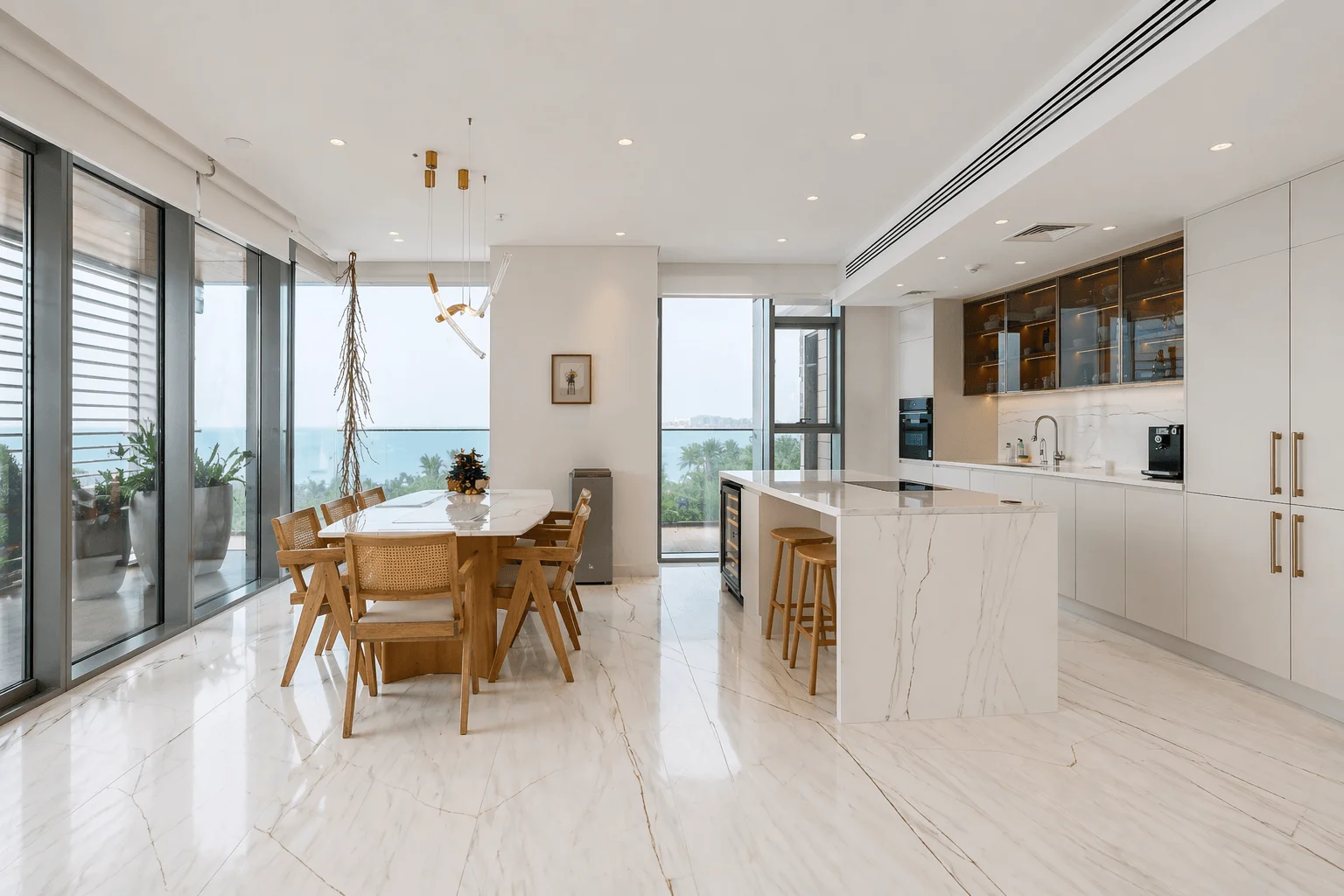 Marble island kitchen and dining