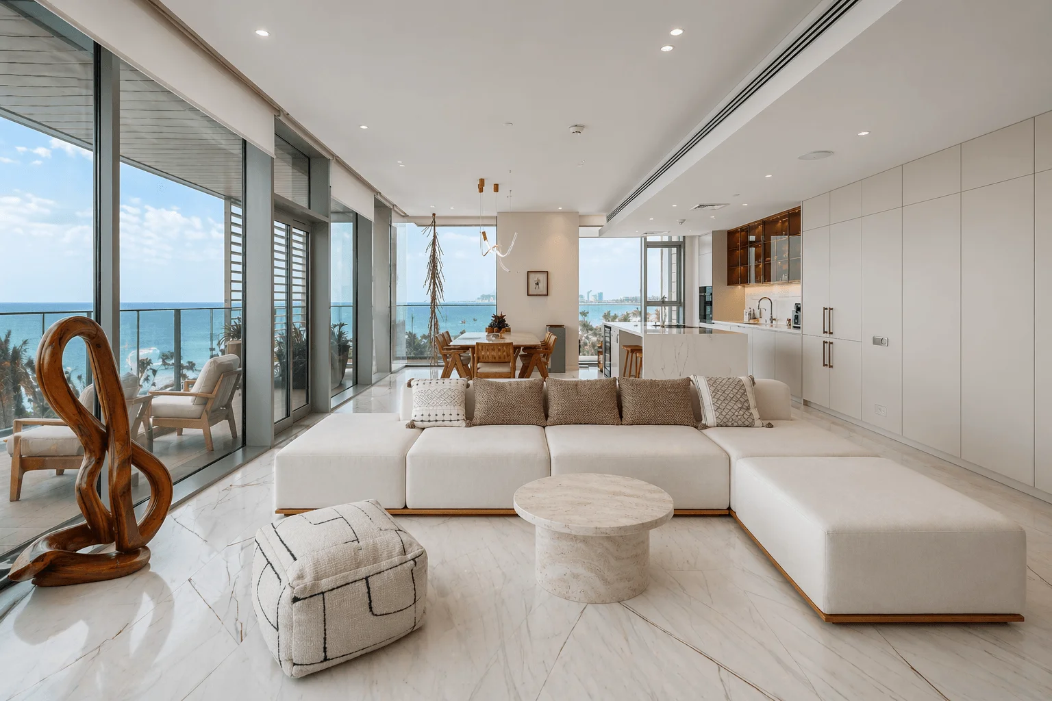 Open-plan living looking onto the sea