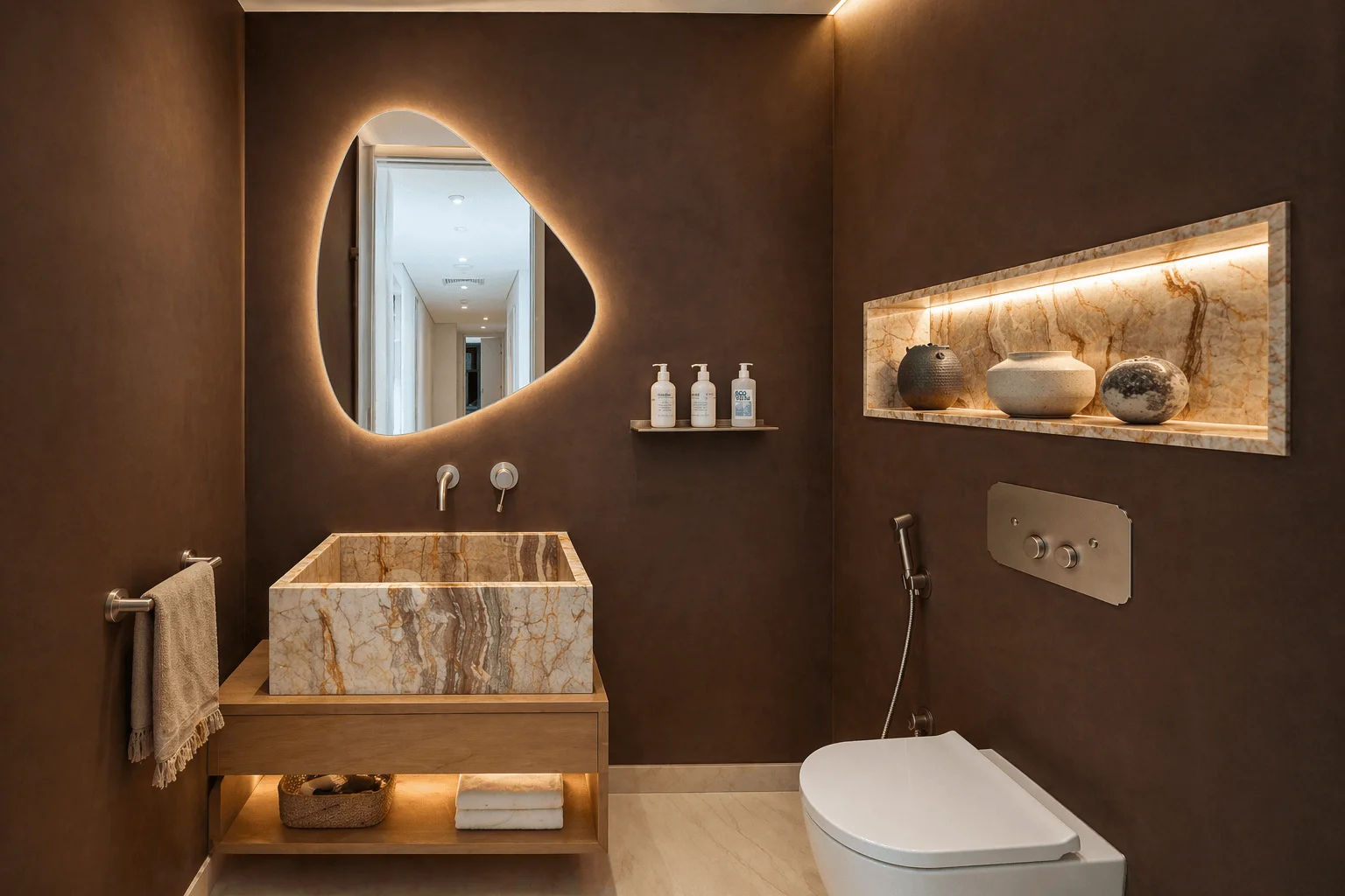Powder room with marble vessel sink and micro-cement walls