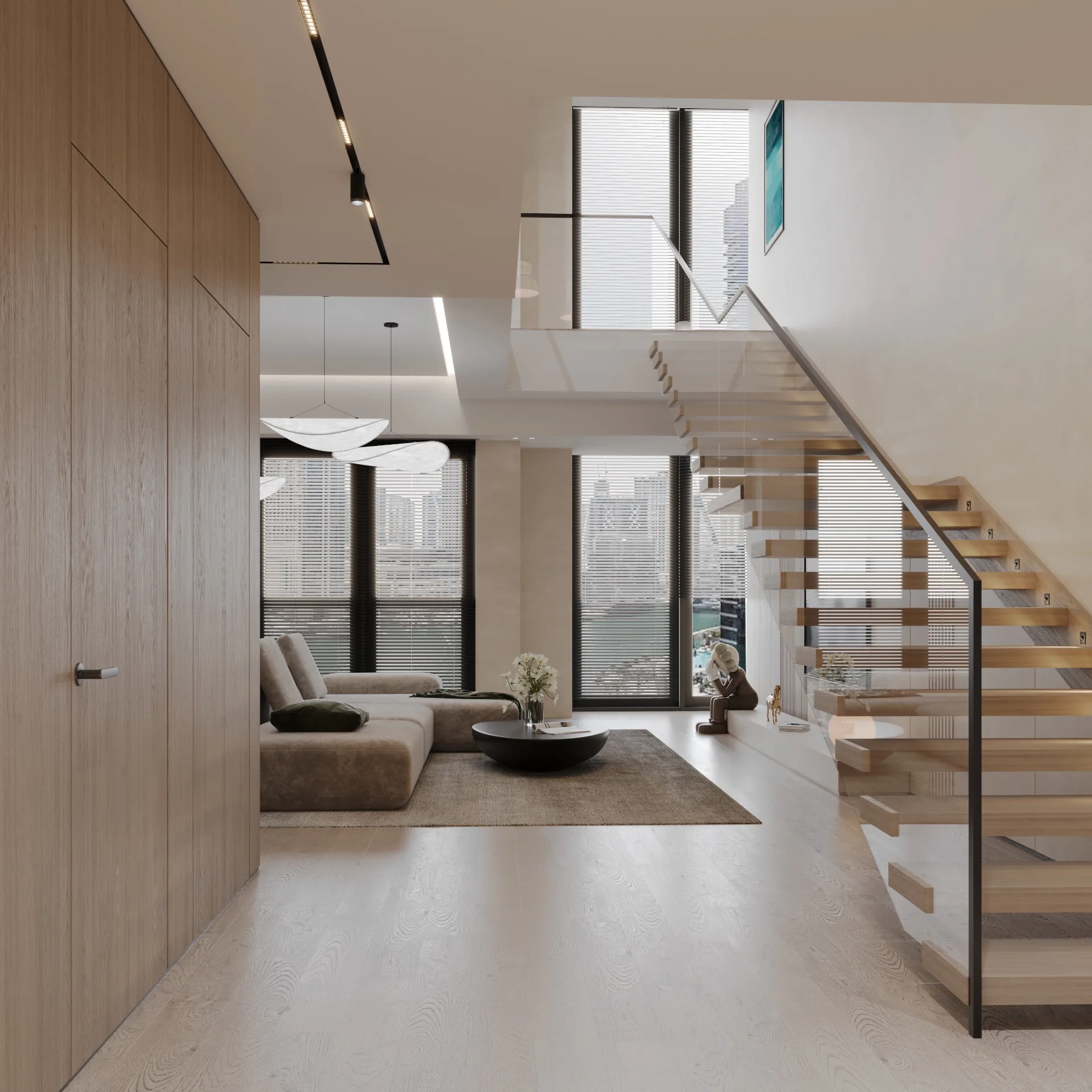 Entrance with oak panelling, floating staircase and Dubai Marina views