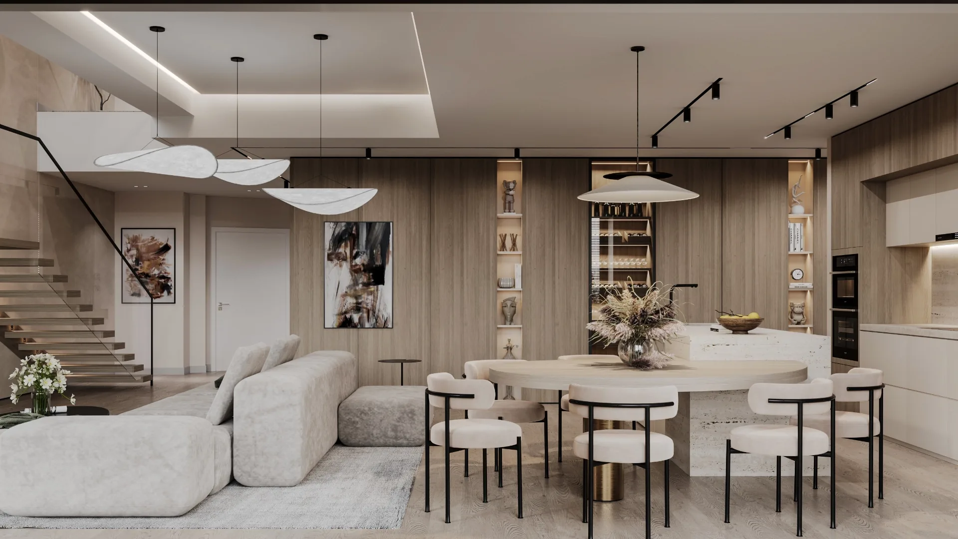 Open living and dining with oak wall panelling, wine wall and floating stair