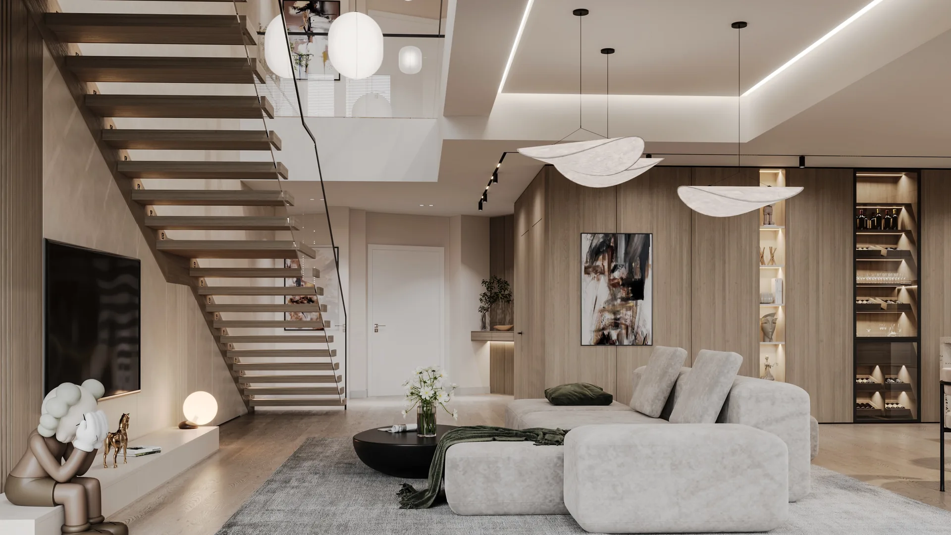 Double-height lounge with a floating oak staircase, sculptural pendants and a lit wine wall, Cayan Tower duplex by K4