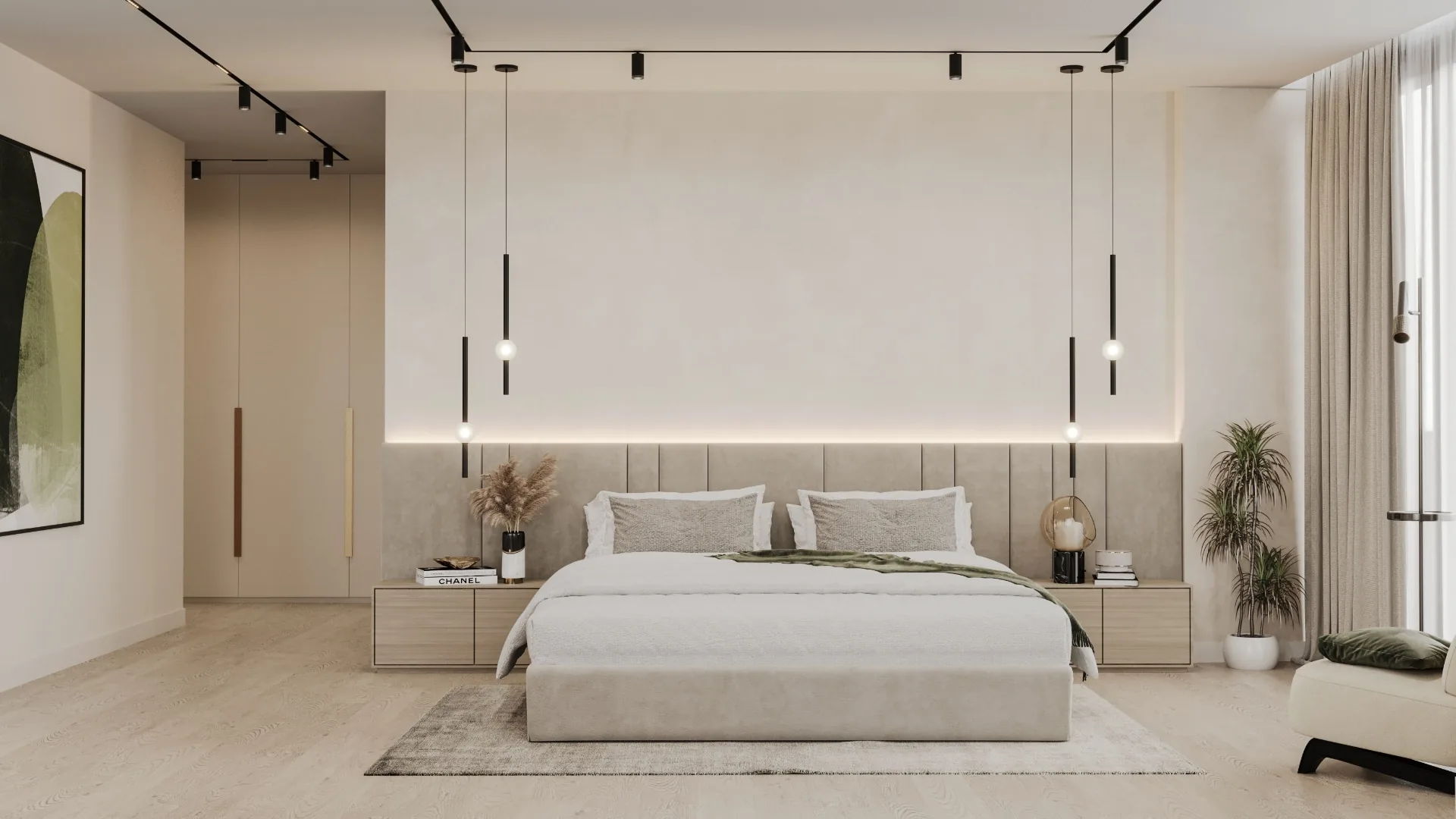 Master bedroom with full-width tufted headboard and slim pendant lights