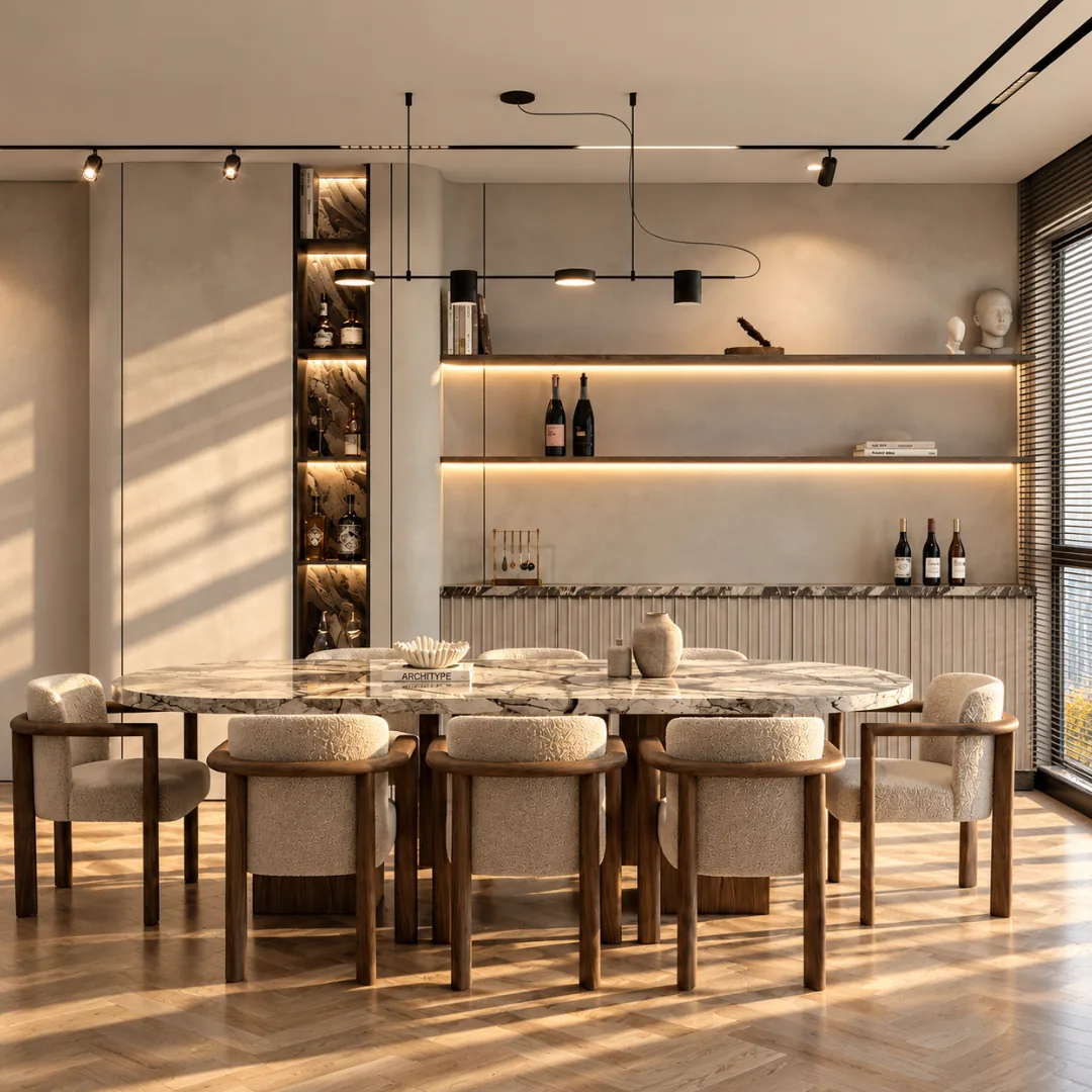 Marble dining table with walnut chairs and backlit shelving