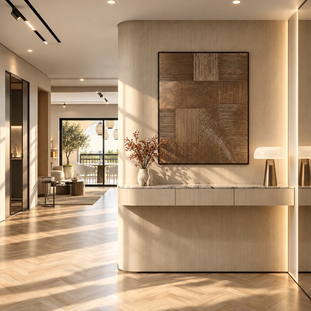 Entrance with curved wall, floating marble console and bronze artwork