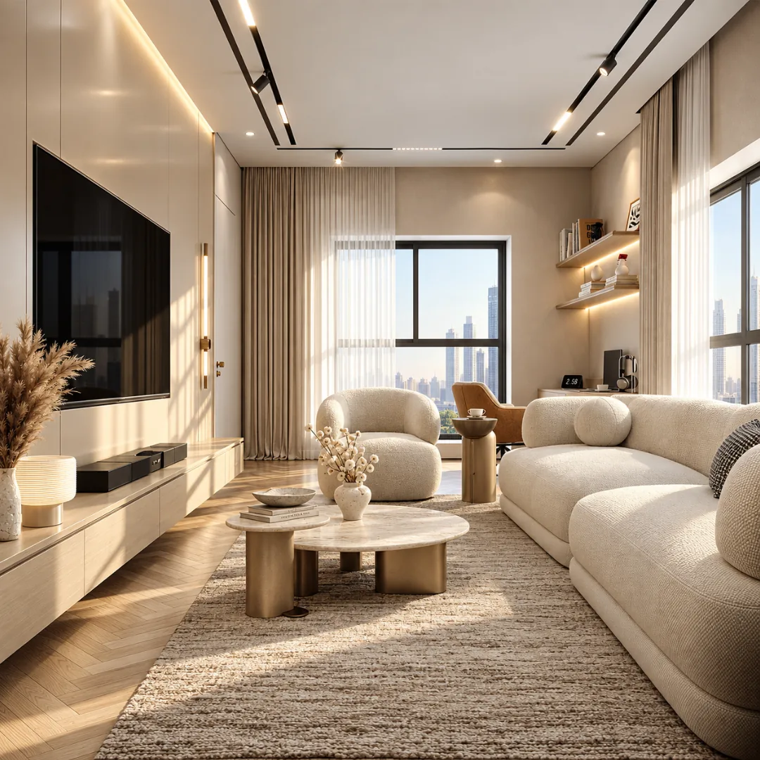 Living room with bouclé sofa, oak media wall and skyline views