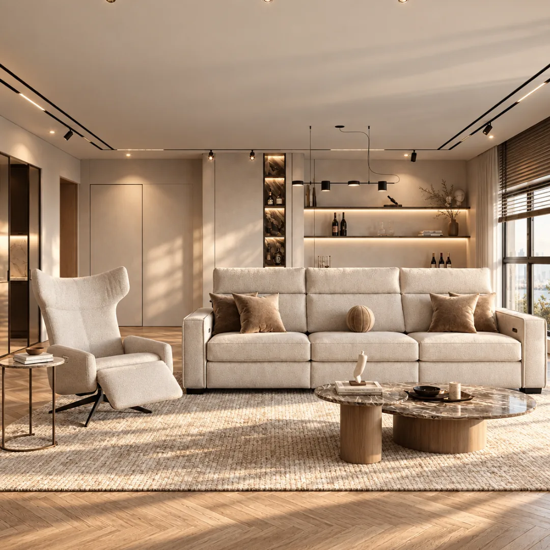 Living room with a bouclé sofa, marble coffee tables and a backlit bar niche, Fairmont The Palm apartment by K4