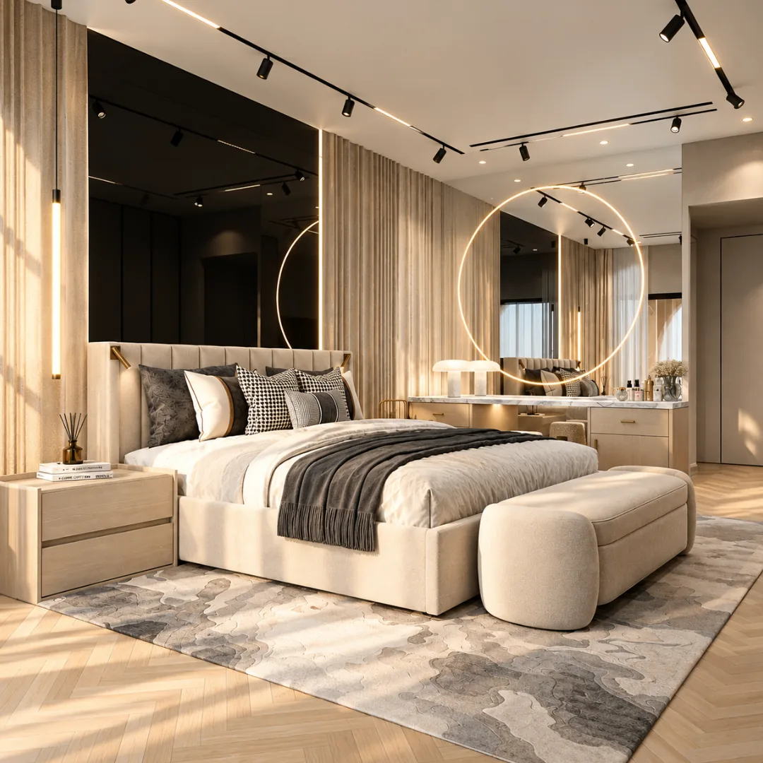 Master bedroom with a backlit circular mirror over a marble vanity